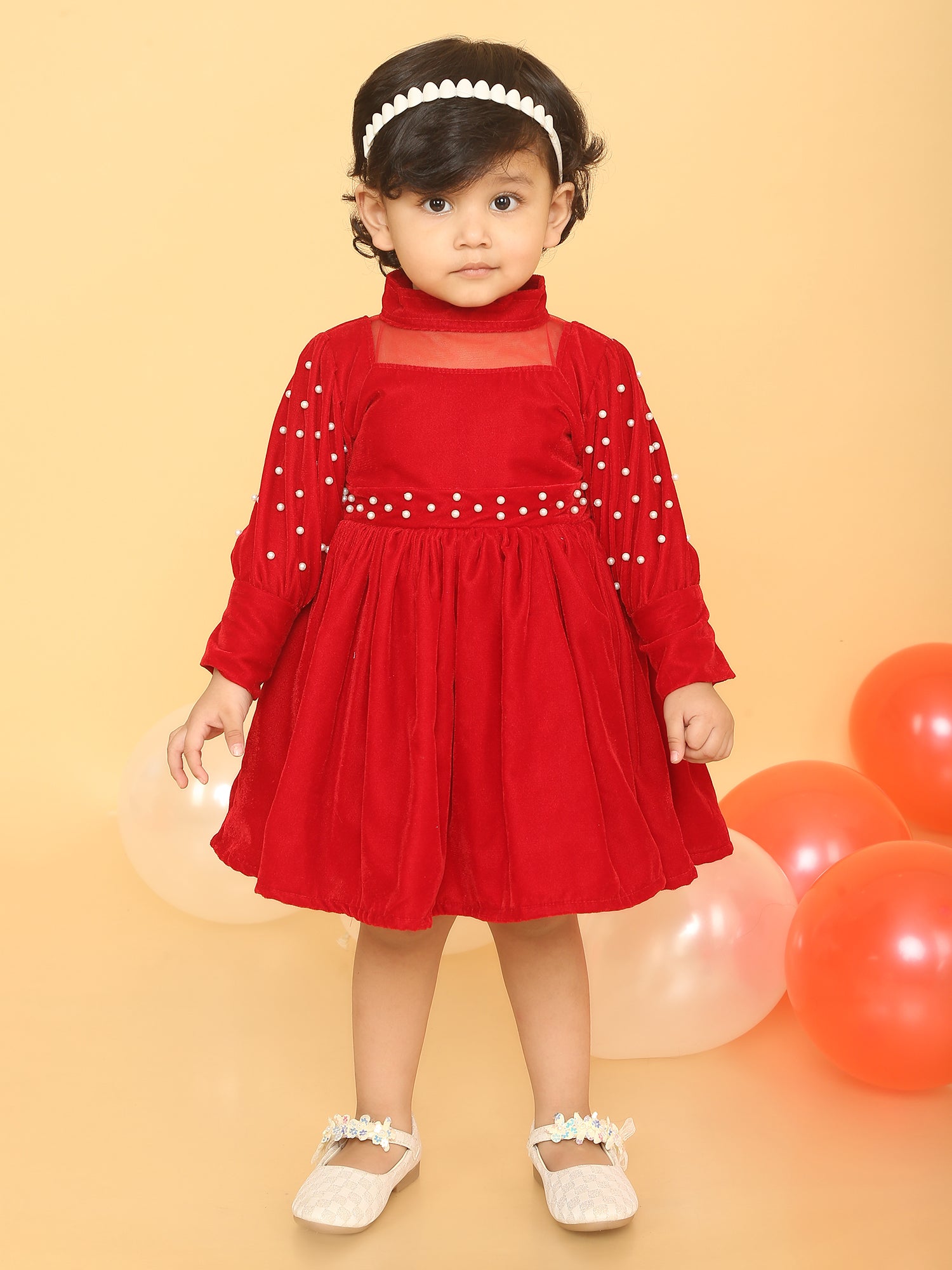 Pearl decorated red velvet party frock-T-REDPRLFRK