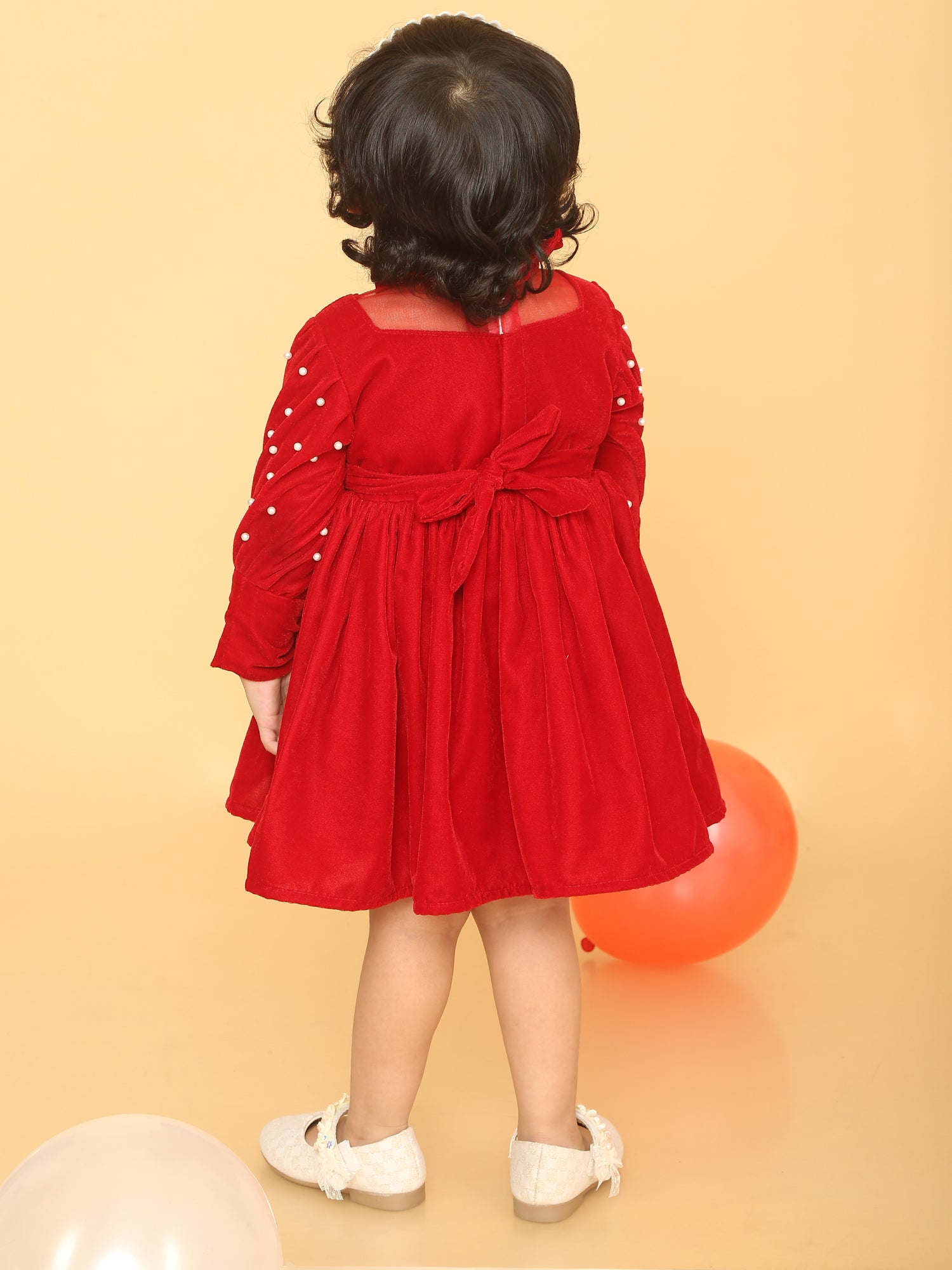Pearl decorated red velvet party frock-T-REDPRLFRK