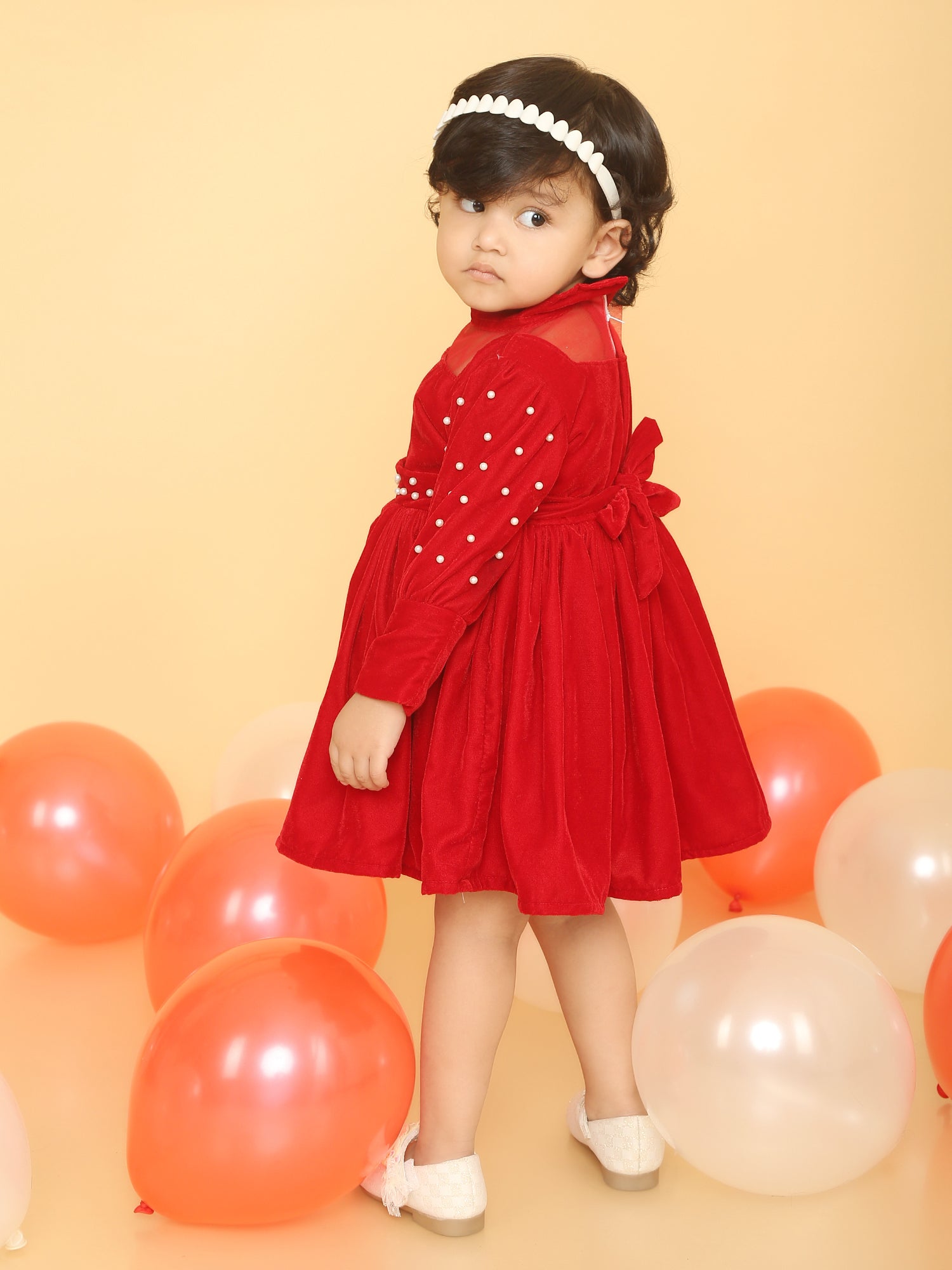 Pearl decorated red velvet party frock-T-REDPRLFRK