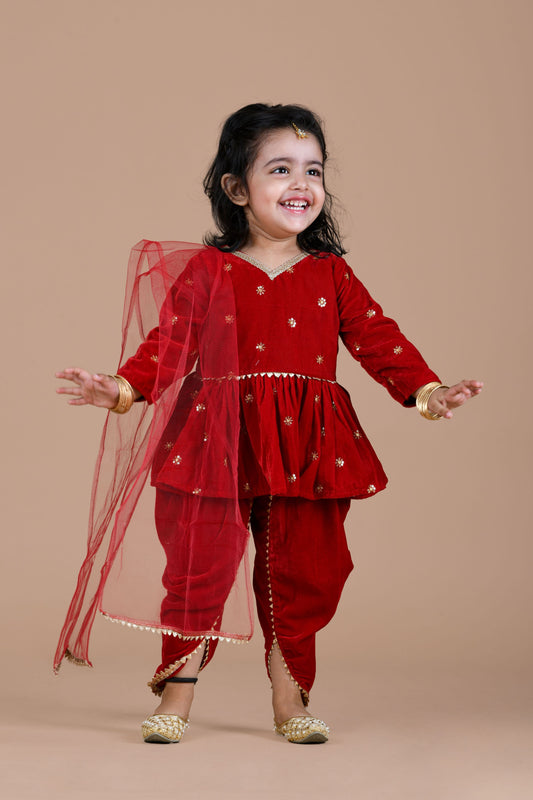 Velvet full sleeves dhoti with dupatta -Red