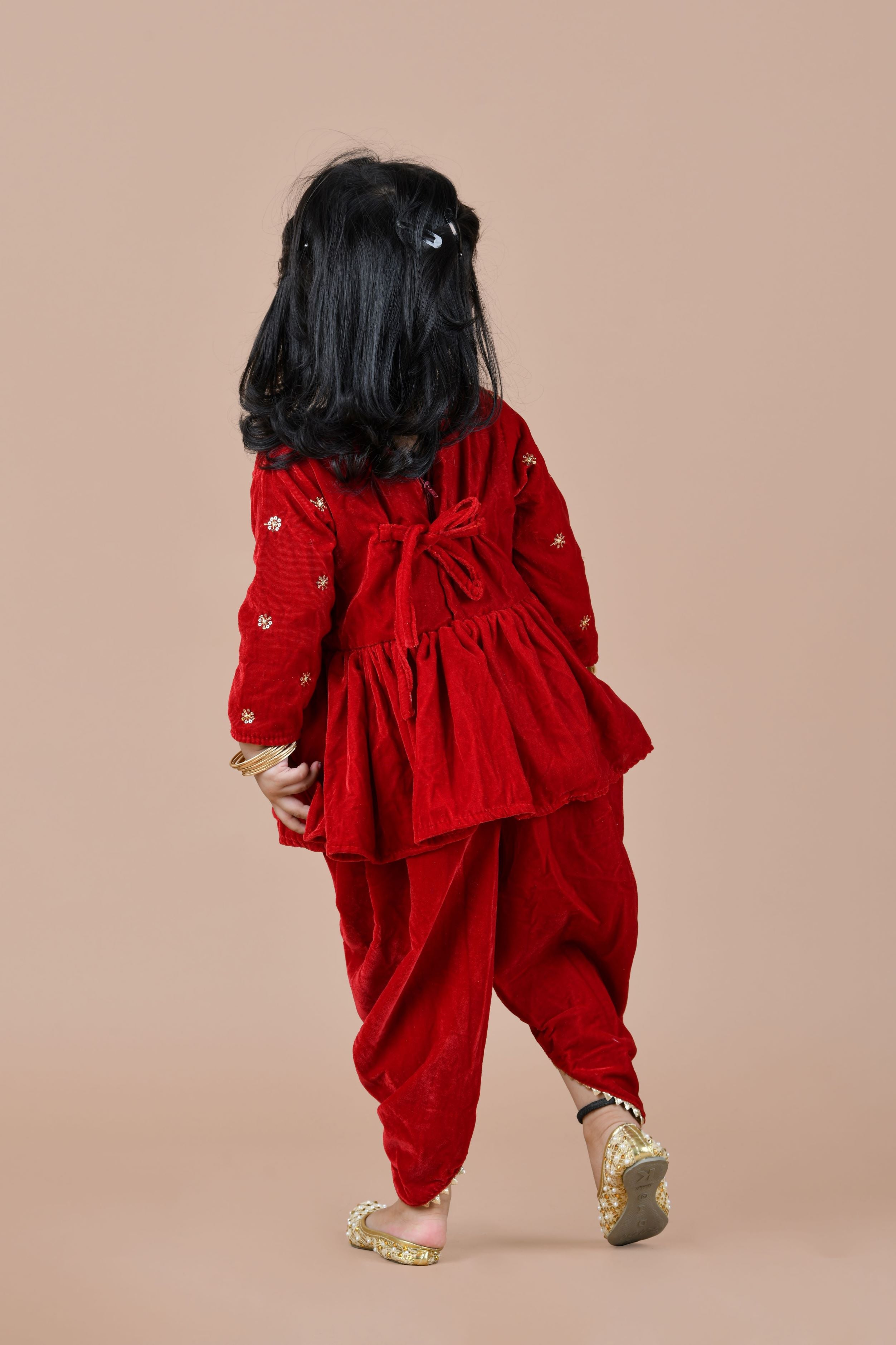 Velvet full sleeves dhoti with dupatta -Red