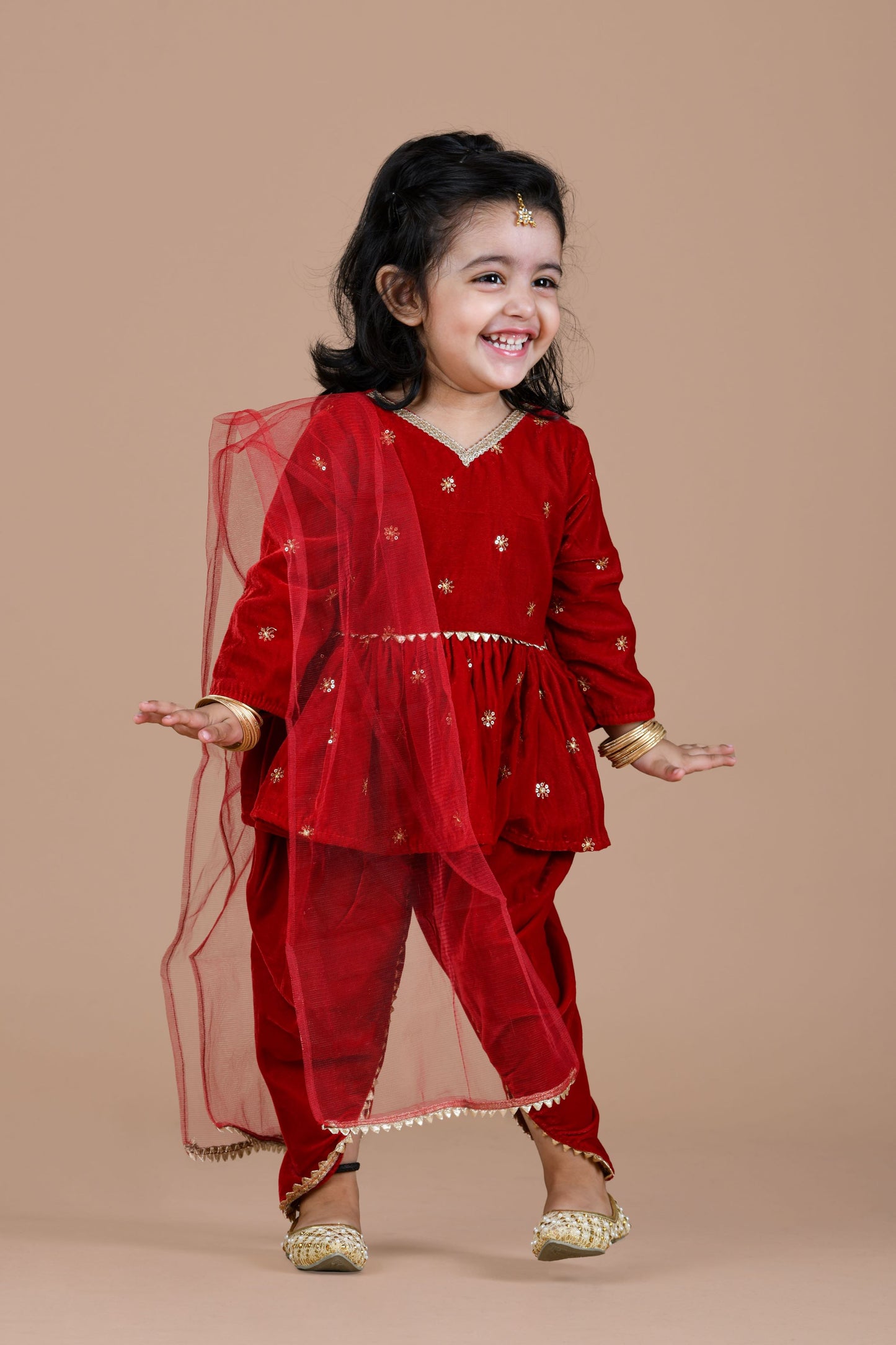 Velvet full sleeves dhoti with dupatta -Red