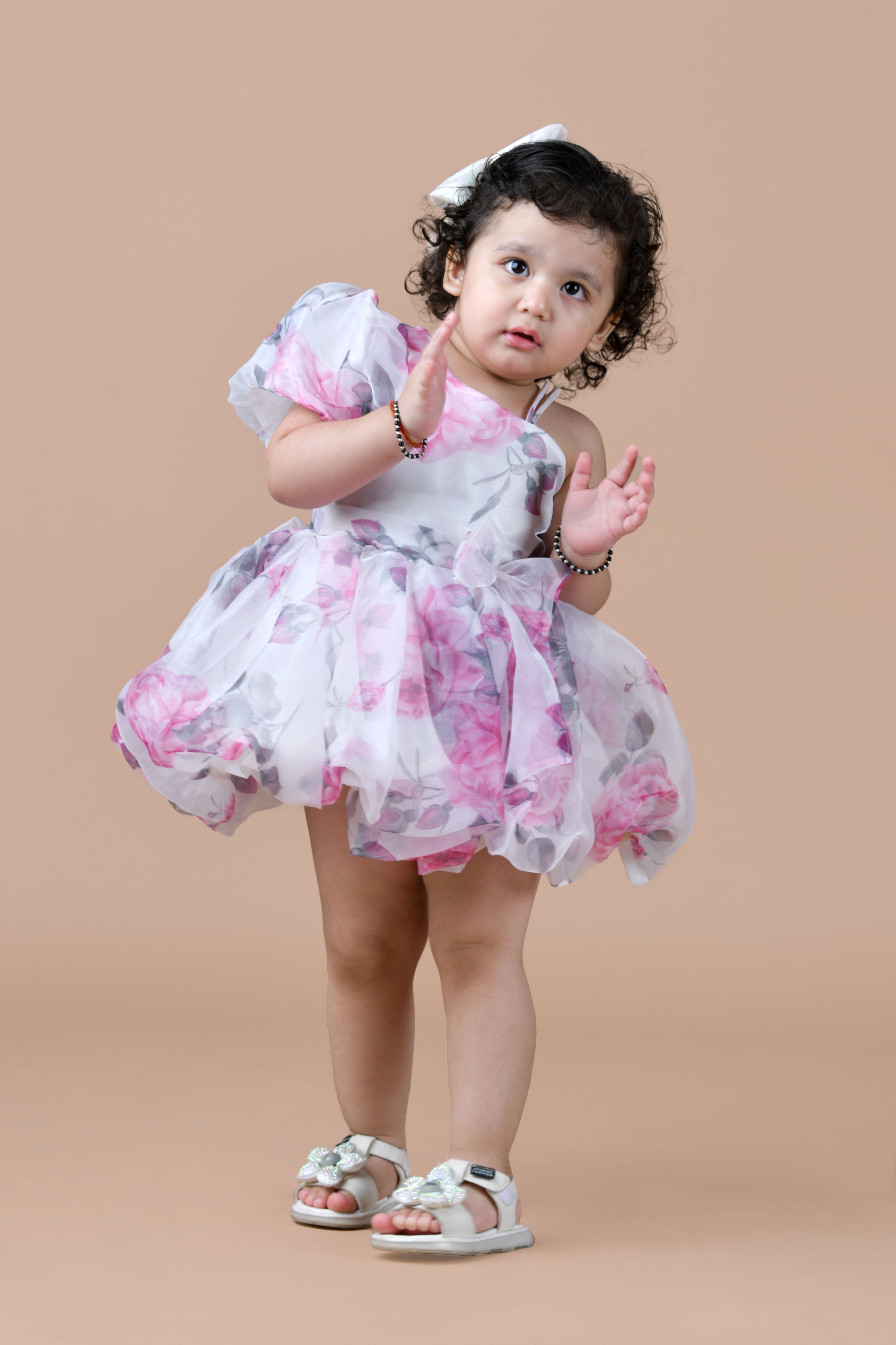 Organza fit and flare floral balloon frock-White