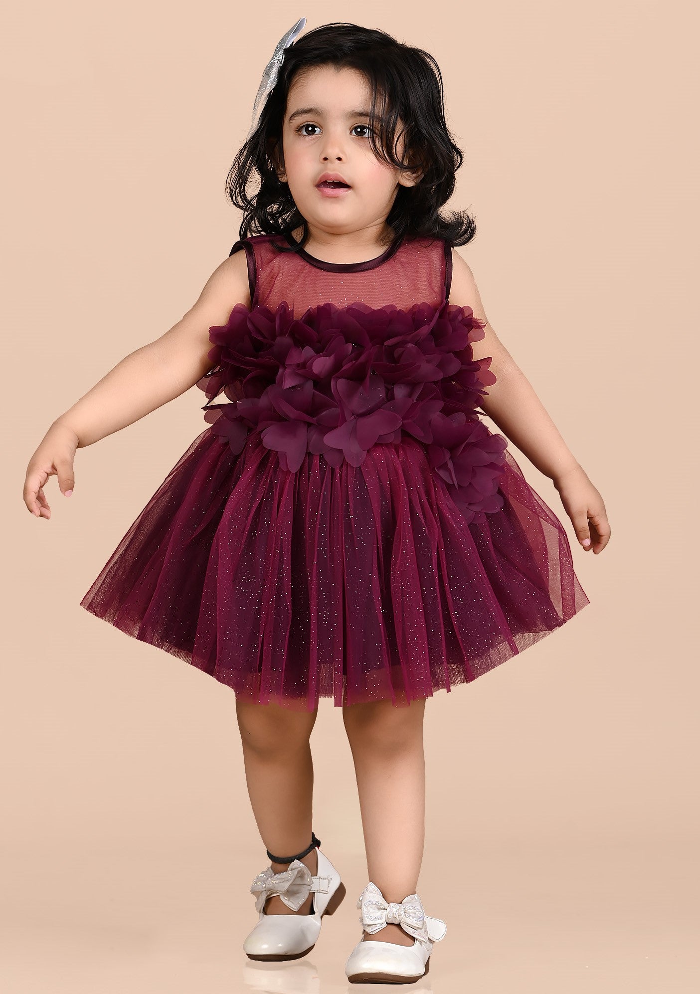 Fit and Flare Net Leaf Frock- Burgundy