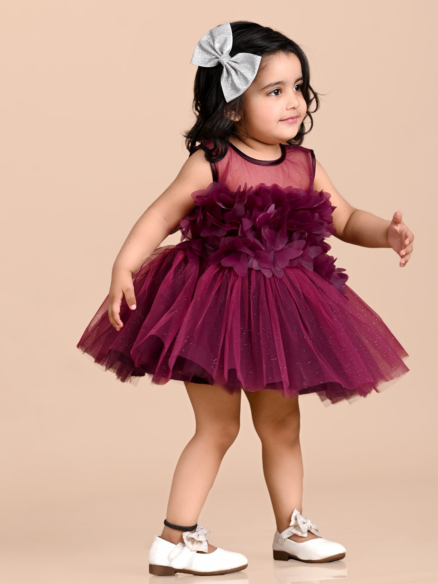 Fit and Flare Net Leaf Frock- Burgundy