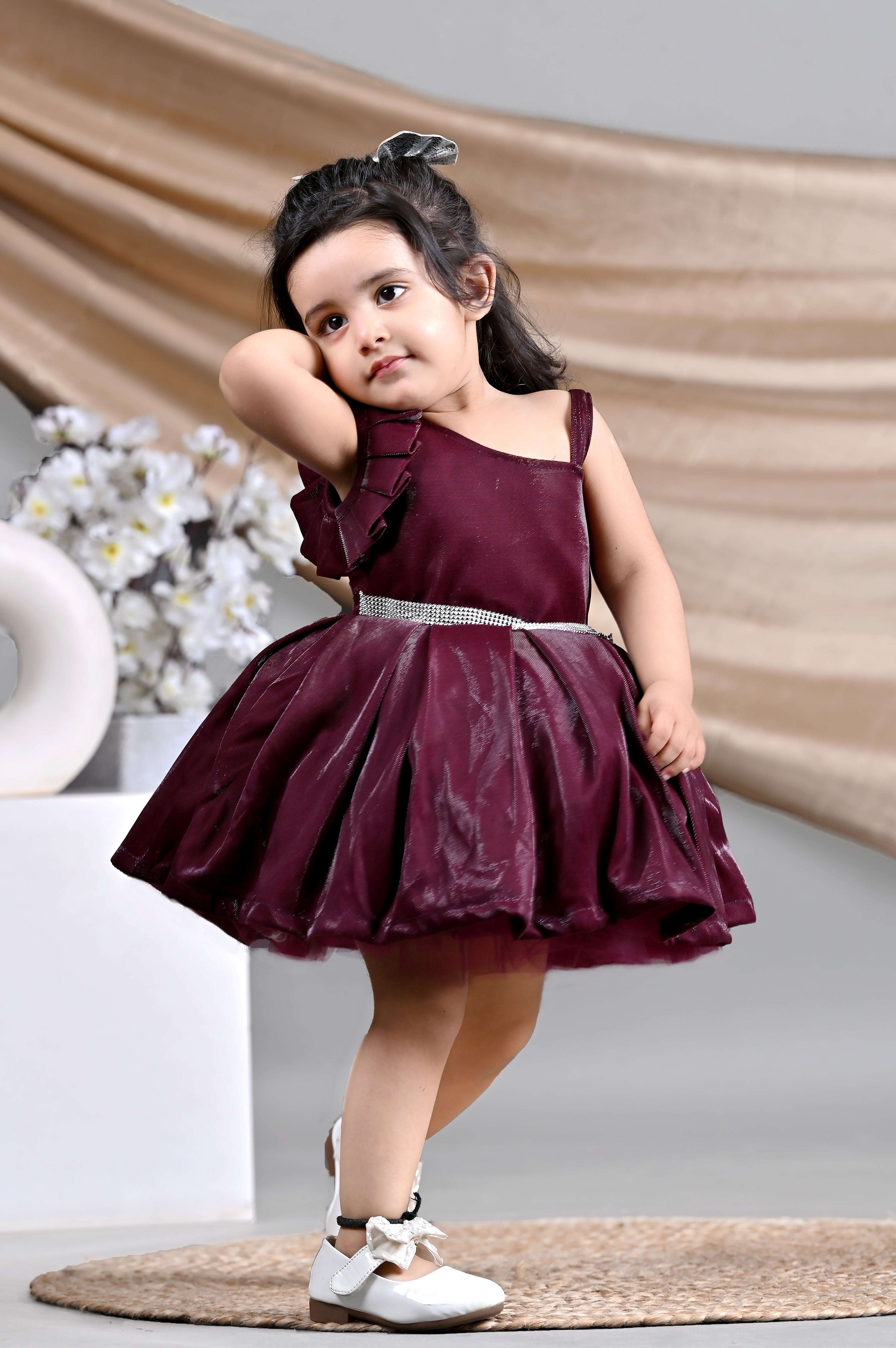 Pleated solid party frock for girls-T-WINESOL