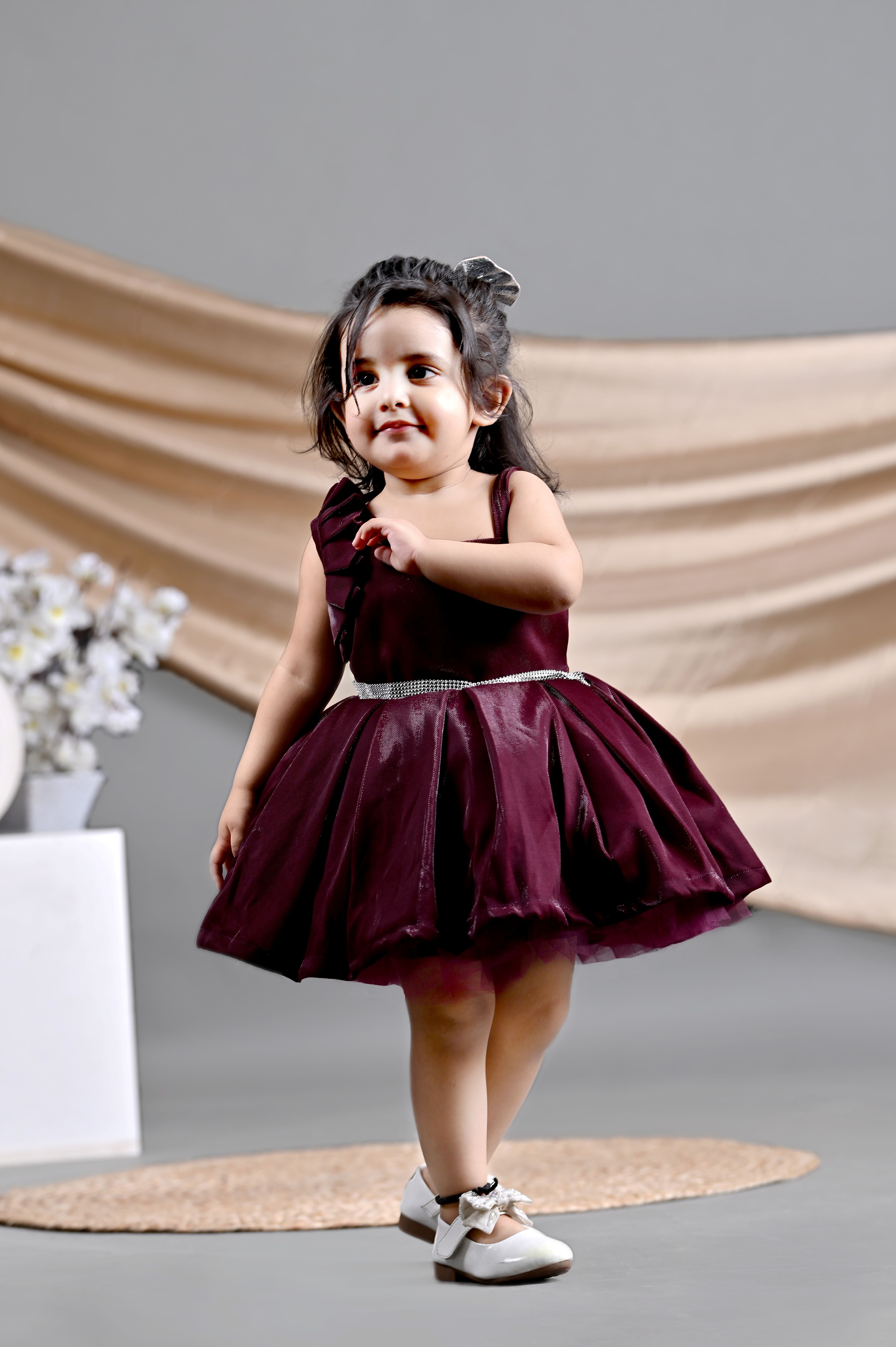 Pleated solid party frock for girls-T-WINESOL