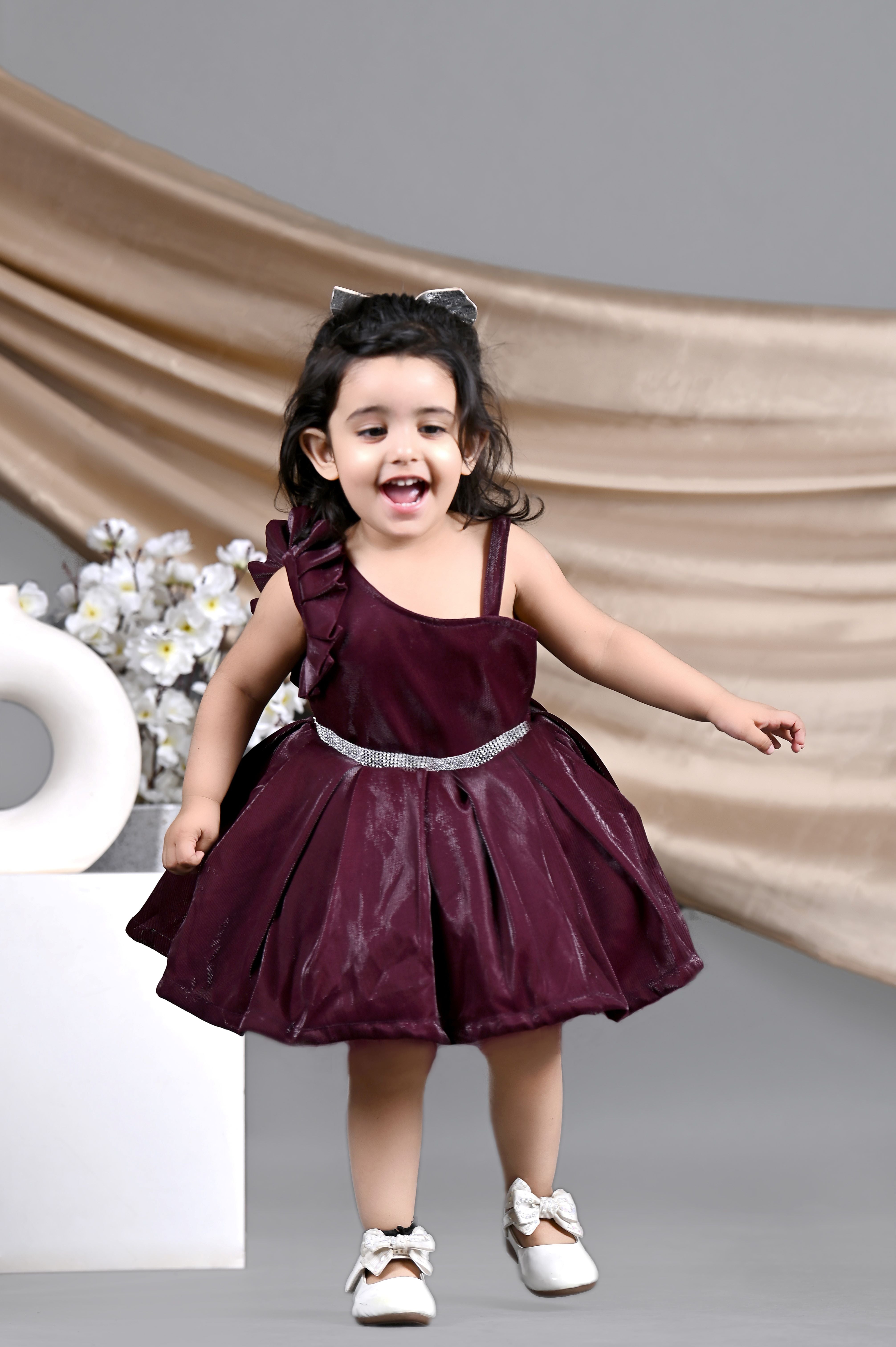 Pleated solid party frock for girls-T-WINESOL