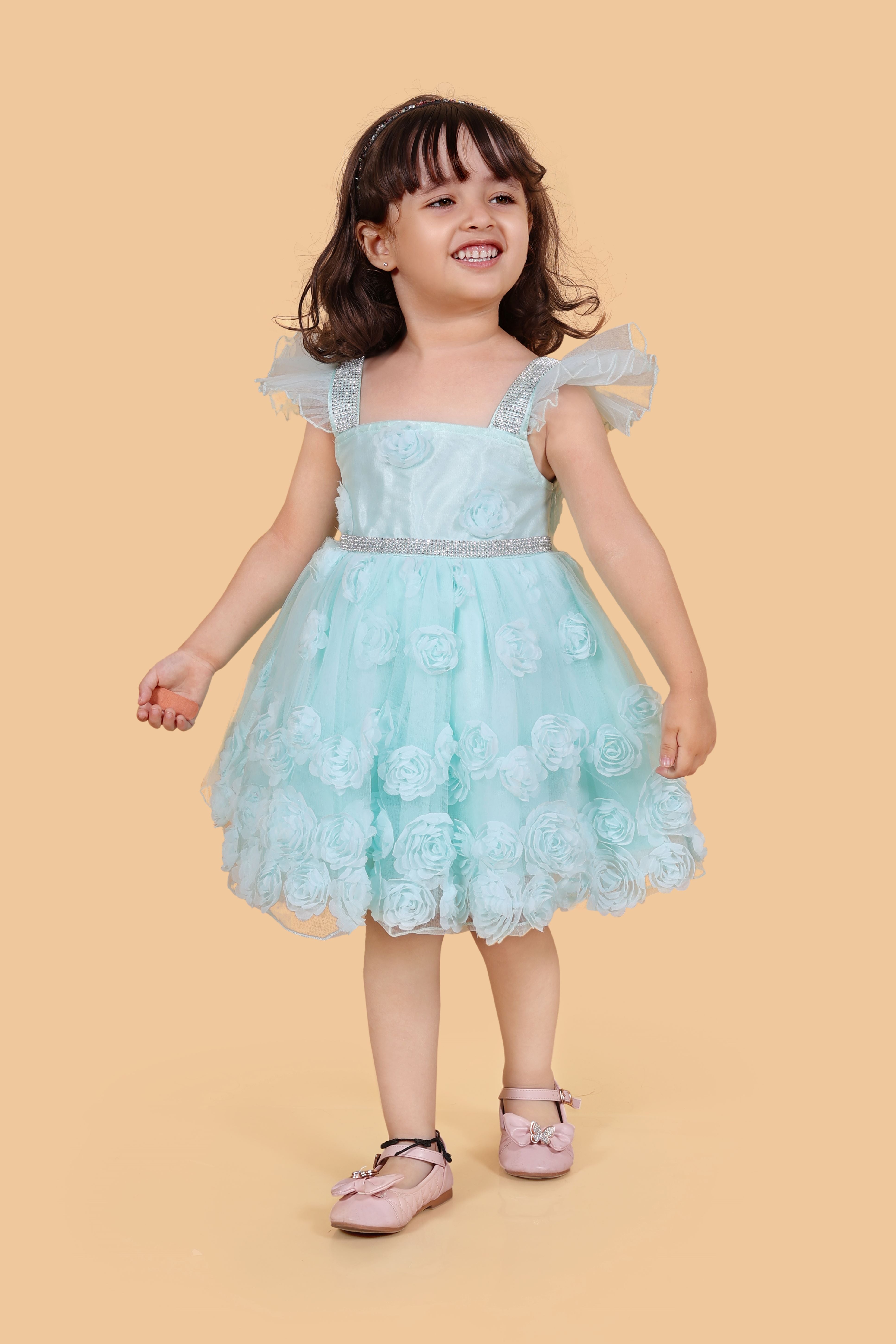 Fit and flare net party frock-Aqua Green