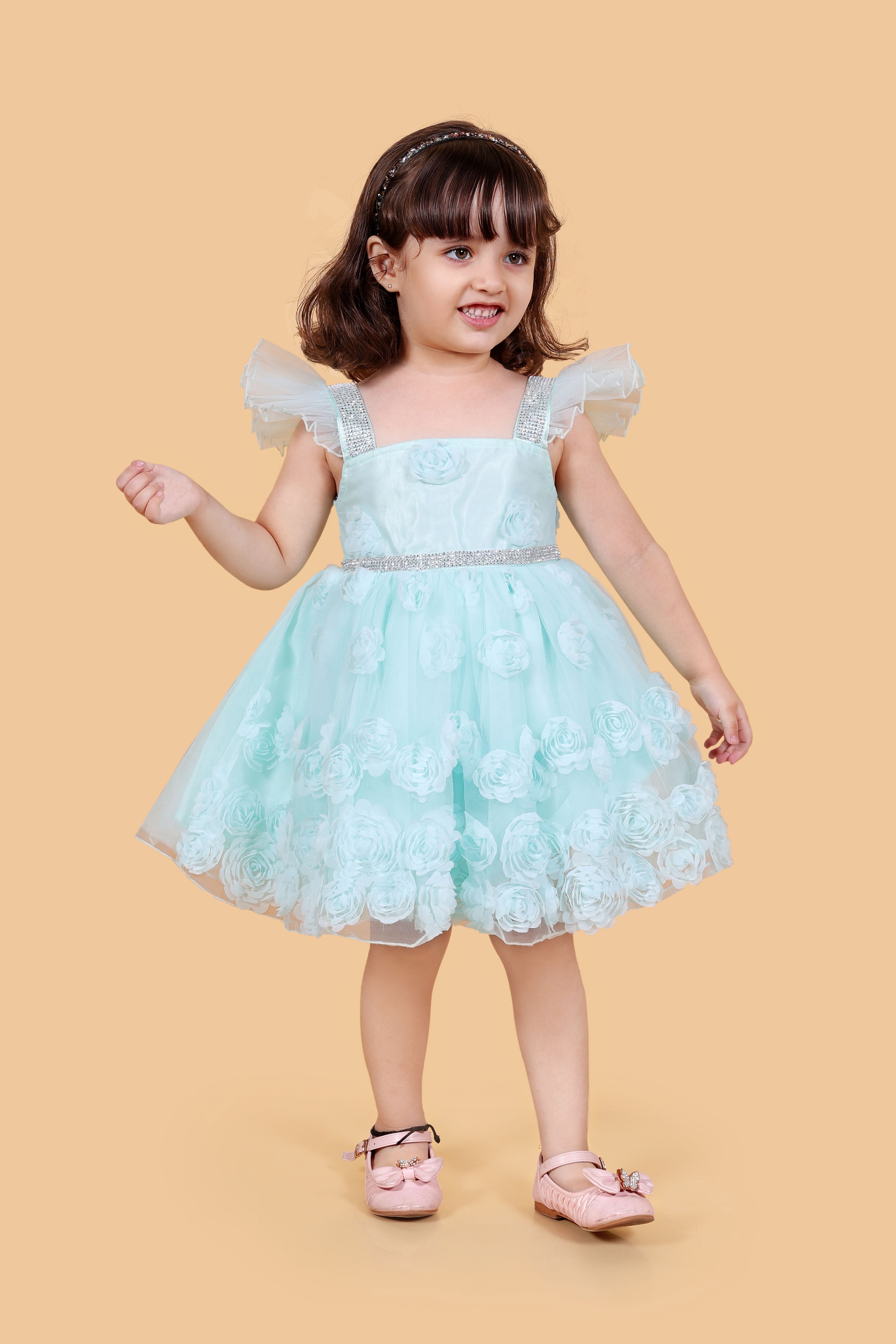 Fit and flare net party frock-Aqua Green