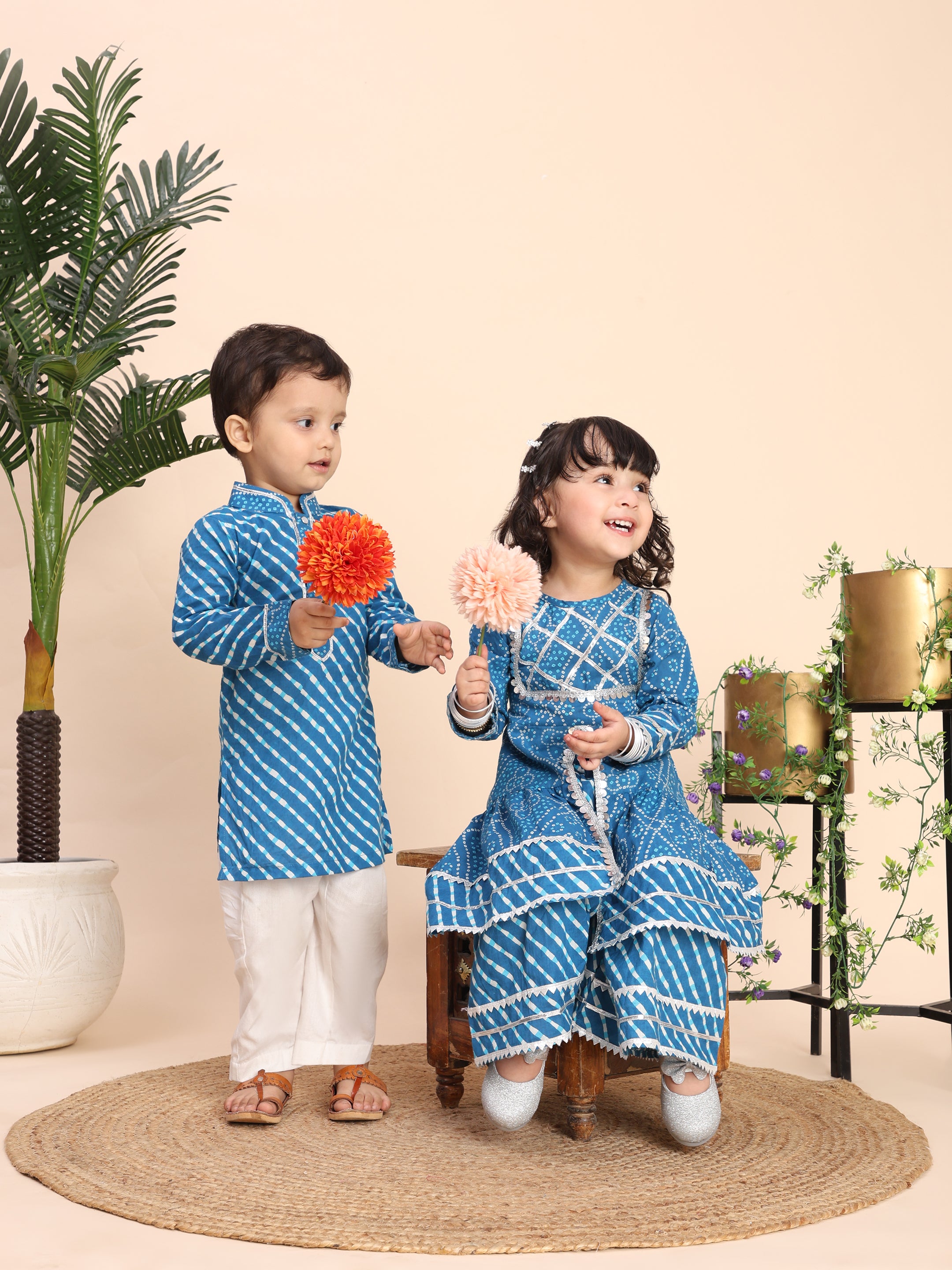 Cotton Leheriya print kurti with sharara sibling set -Blue