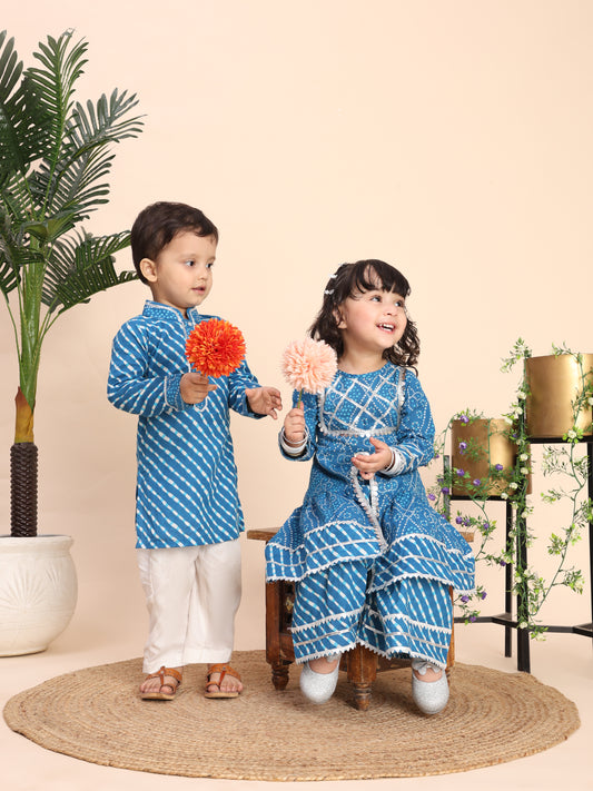 Cotton Leheriya print kurti with sharara sibling set -Blue