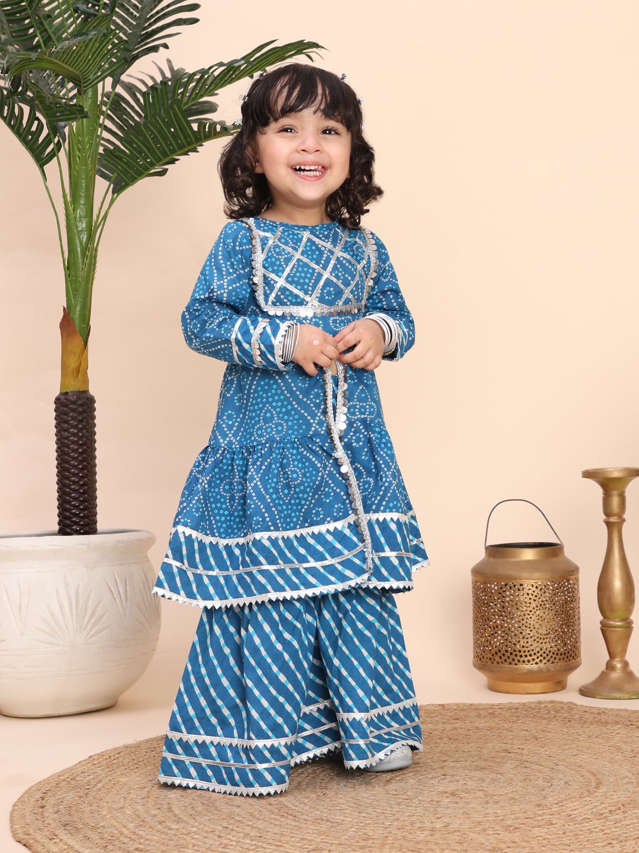 Cotton leheriya print kurti with sharara -Blue