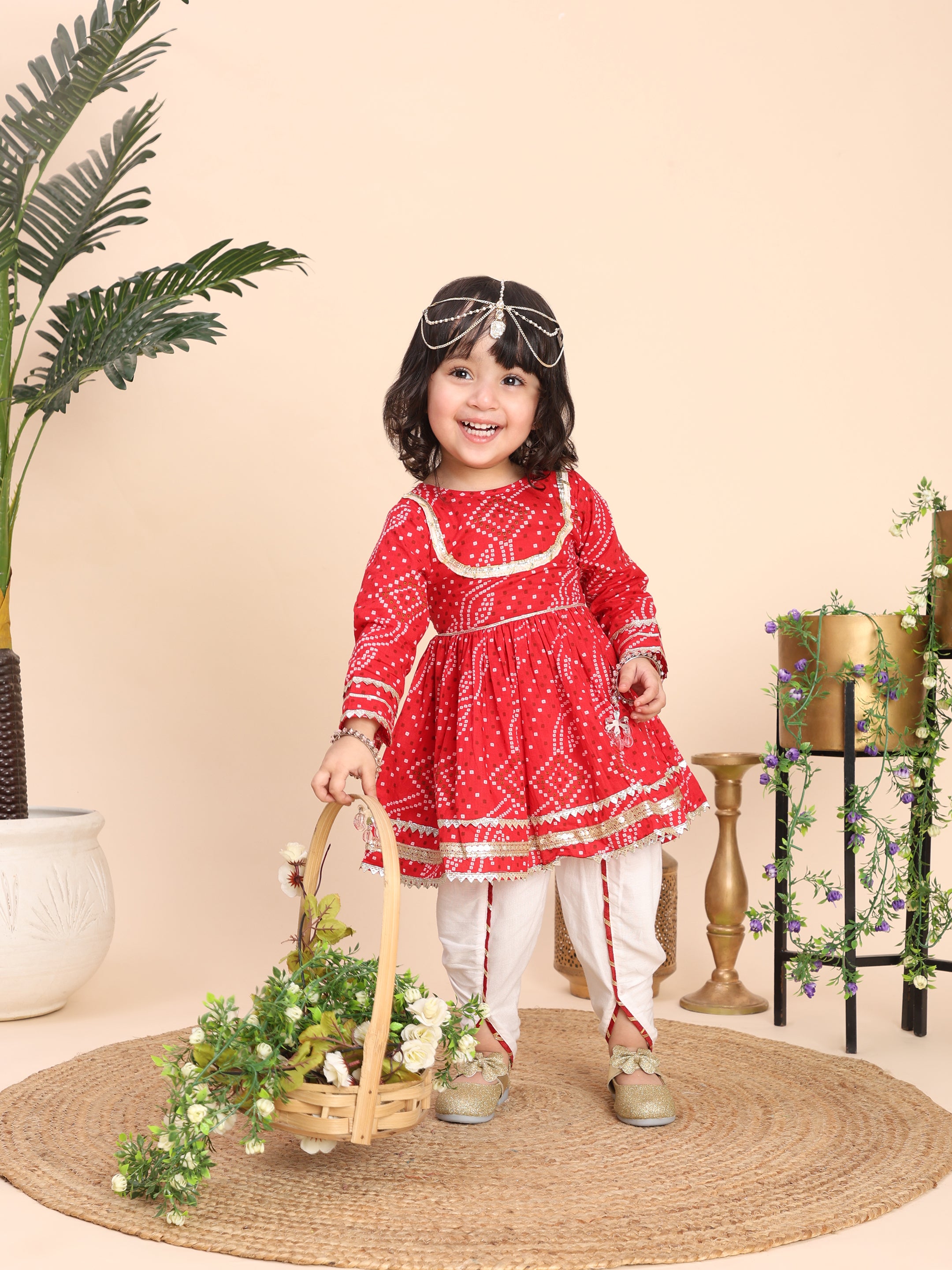 Cotton Chunri Print kurti with Dhoti sibling set - Red