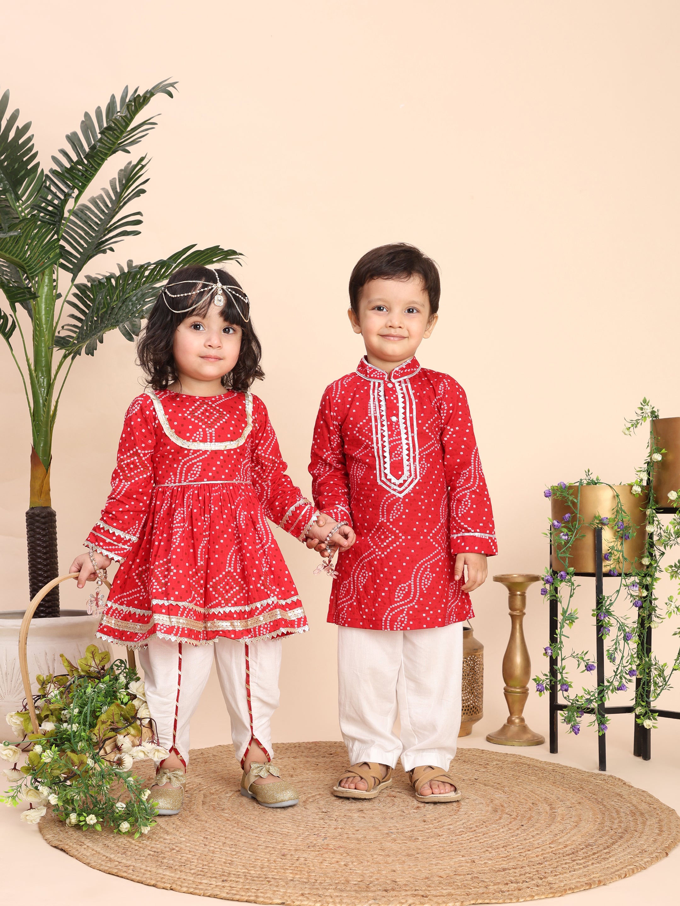 Cotton Chunri Print kurti with Dhoti sibling set - Red