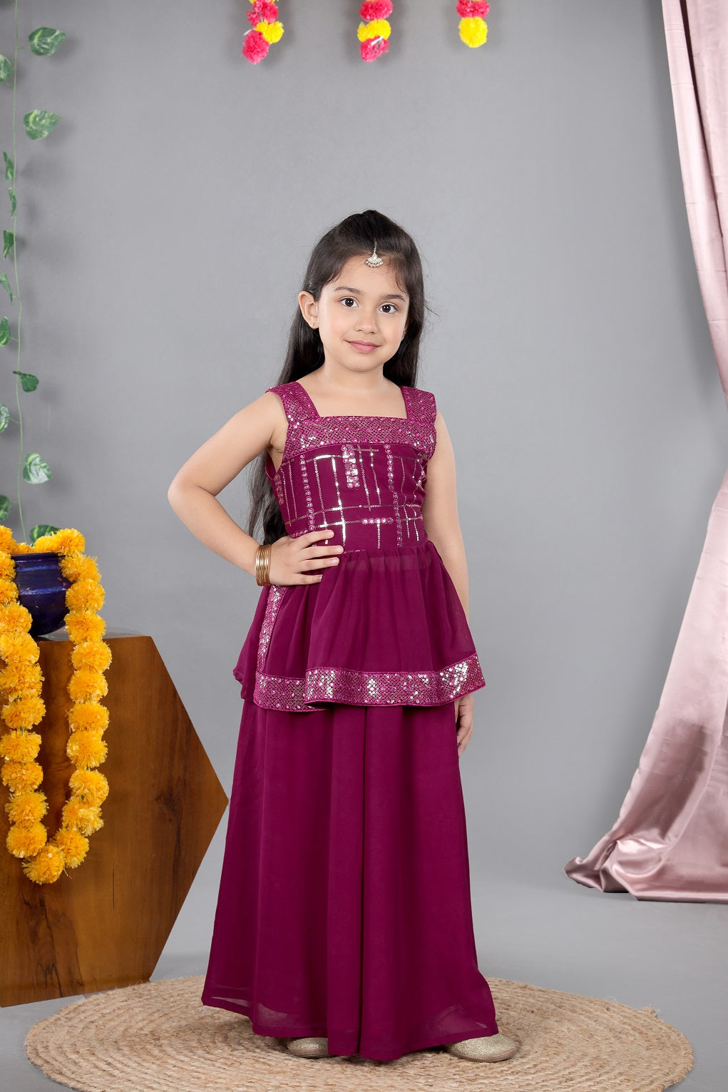 Embellished peplum top with a flared palazzo and dupatta-Burgundy