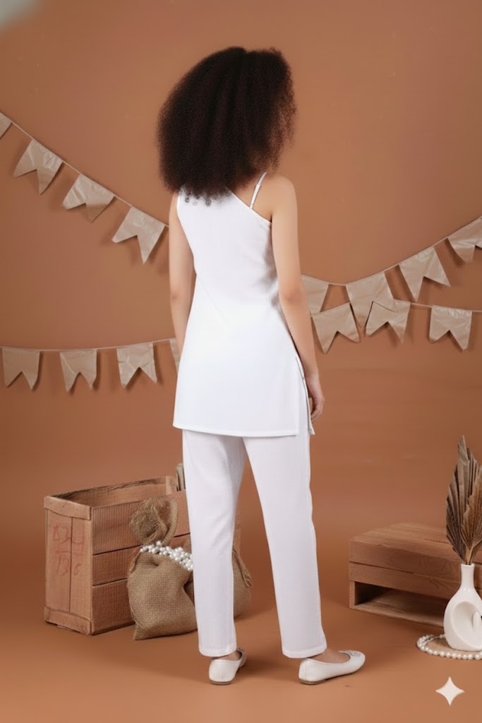 White cotton co-ordset with one side shoukder-T-CDW