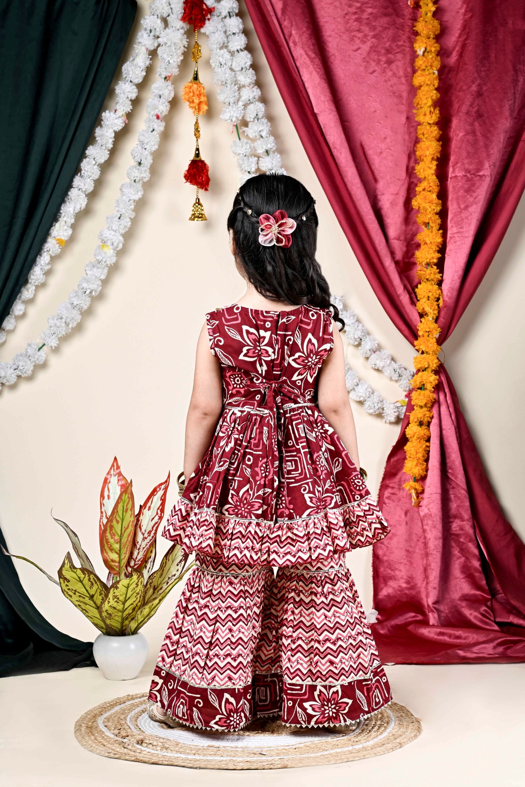 Printed cotton lace embellished sharara set-T-Browngeom