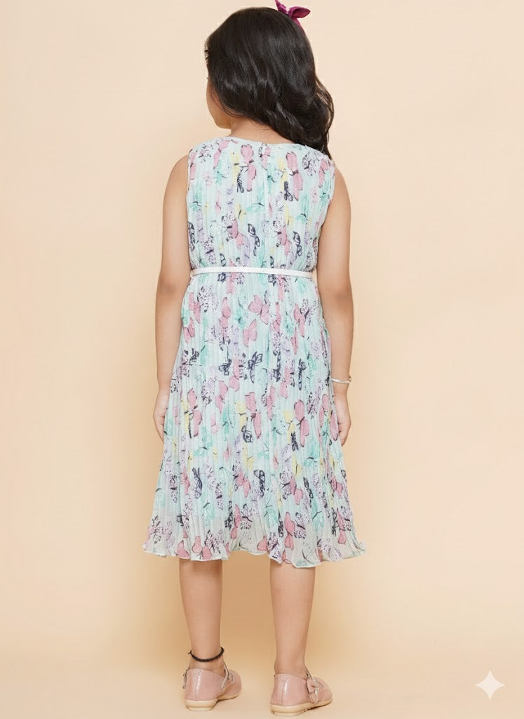 Printed Dress With Belt (Light Green)