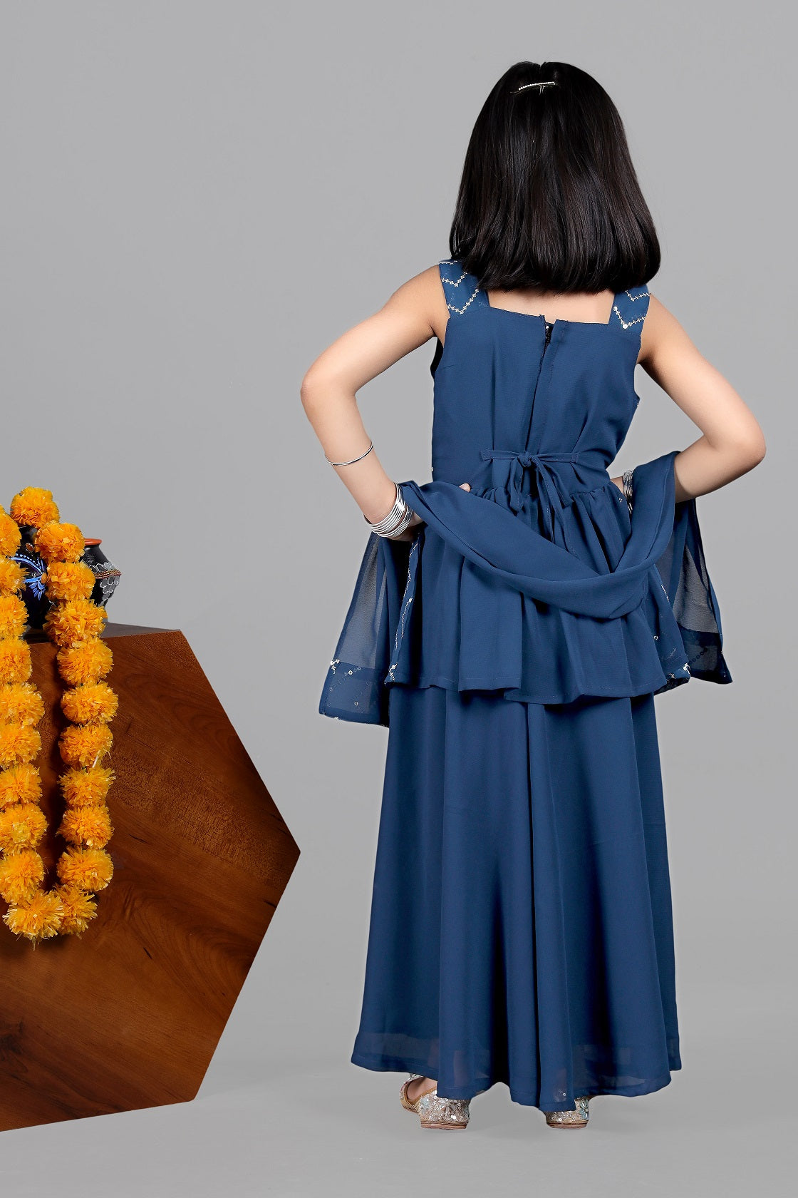 Solid palazzo with sequined peplum top and dupatta-light Blue