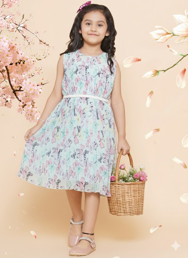 Printed Dress With Belt (Light Green)