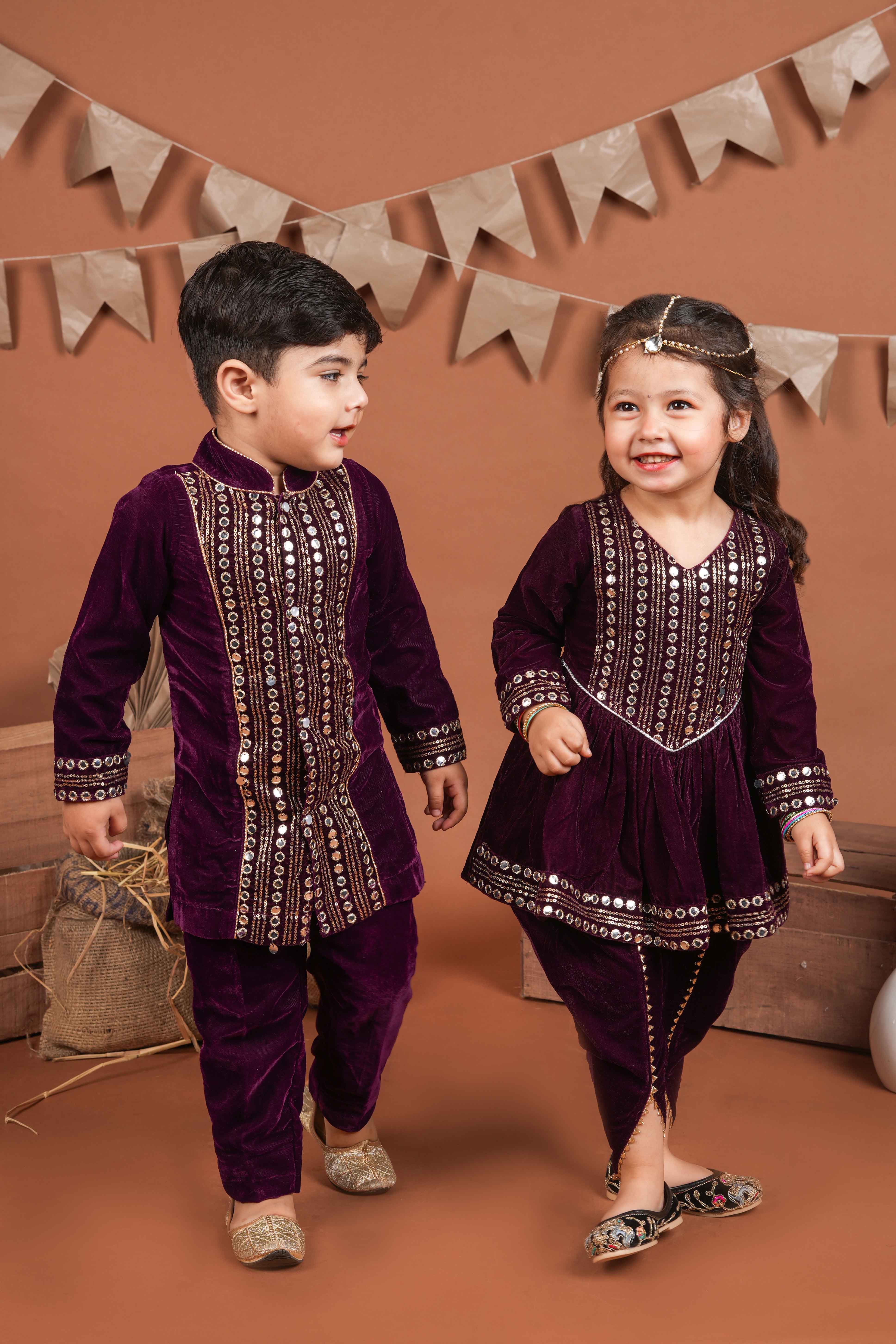 Embellished velvet kurta and pant for boys -T-BK1