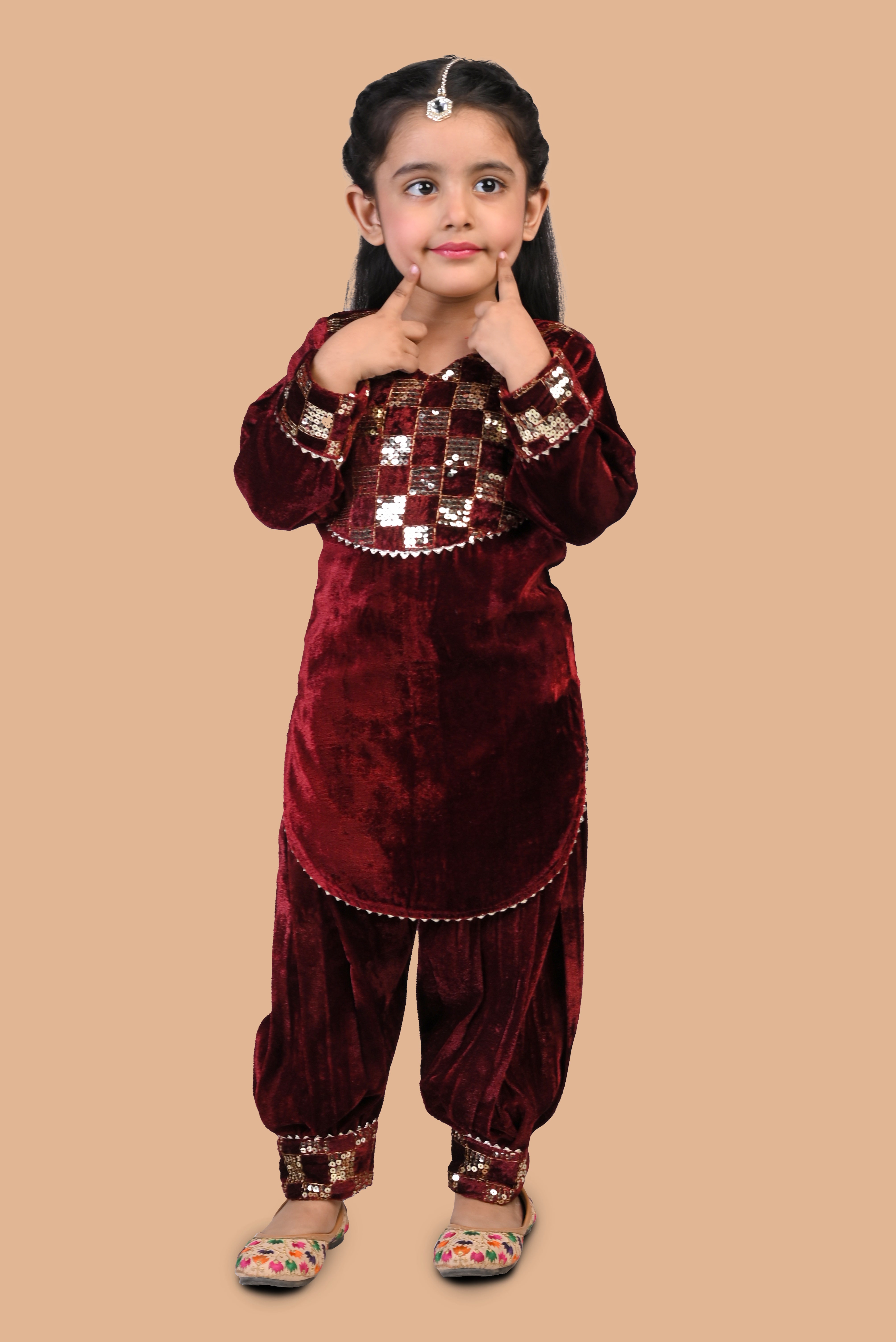 Full Sleeves velvet afghani salwar and kurti set -maroon