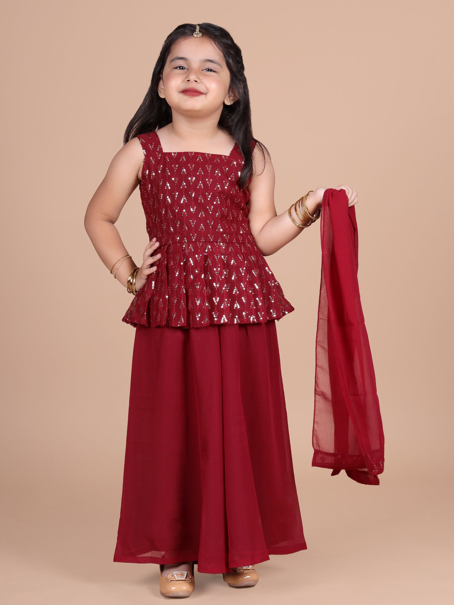 Georgette sequined top  with solid palazzo n dupatta- Maroon