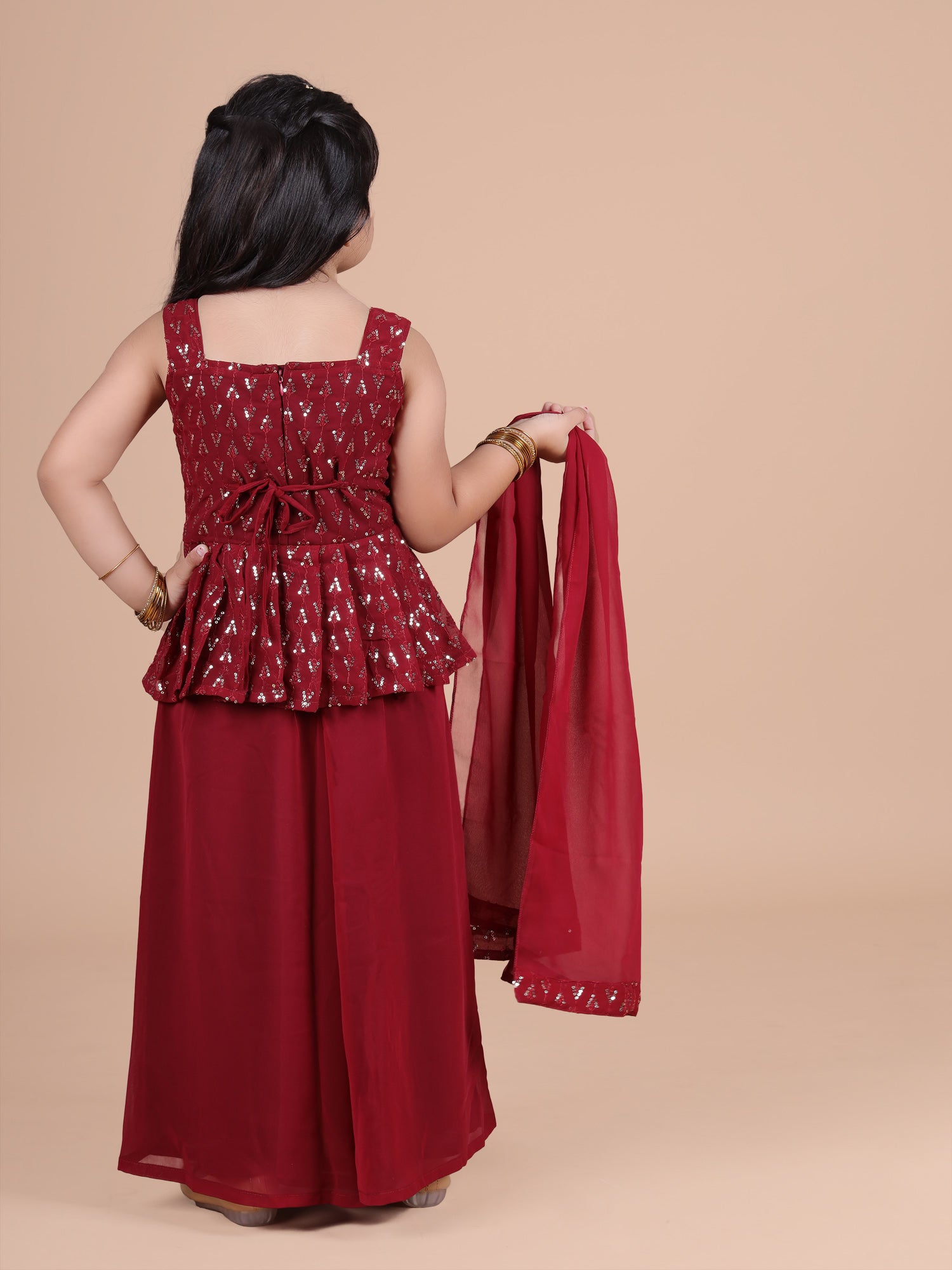 Georgette sequined top  with solid palazzo n dupatta- Maroon