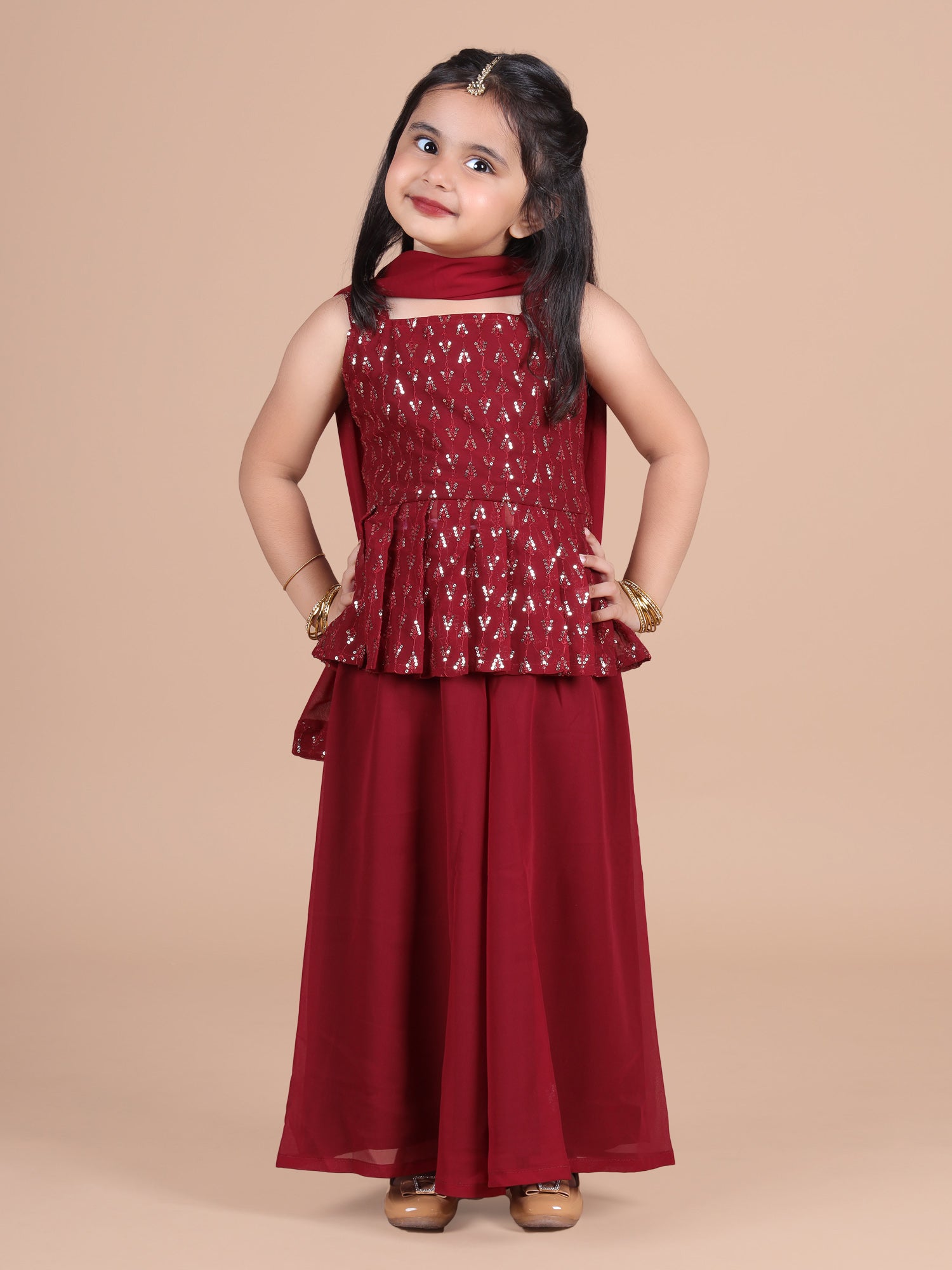 Georgette sequined top  with solid palazzo n dupatta- Maroon