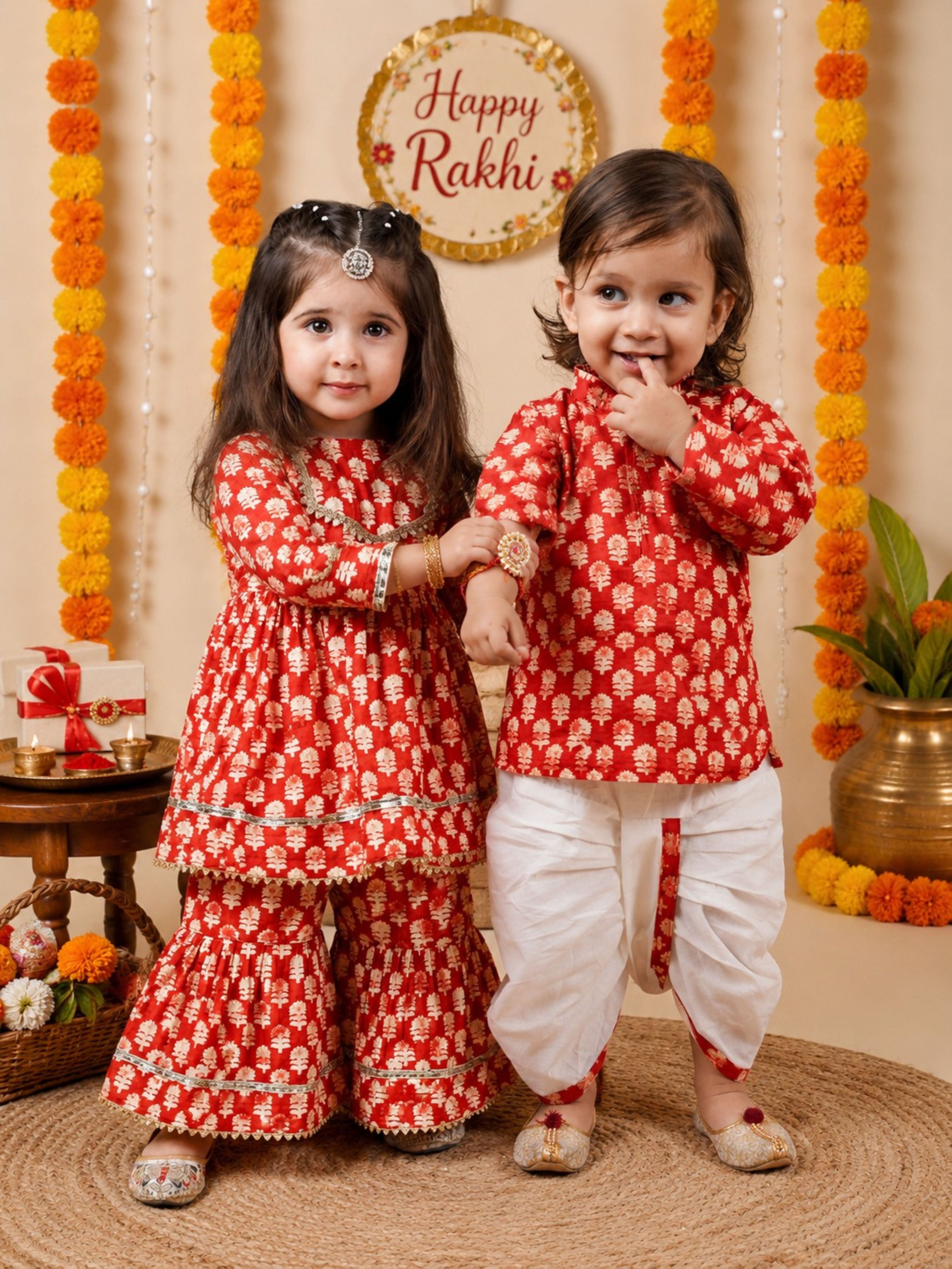 Cotton printed girls Sharara and boy's dhoti sibling set -T-Redkurti