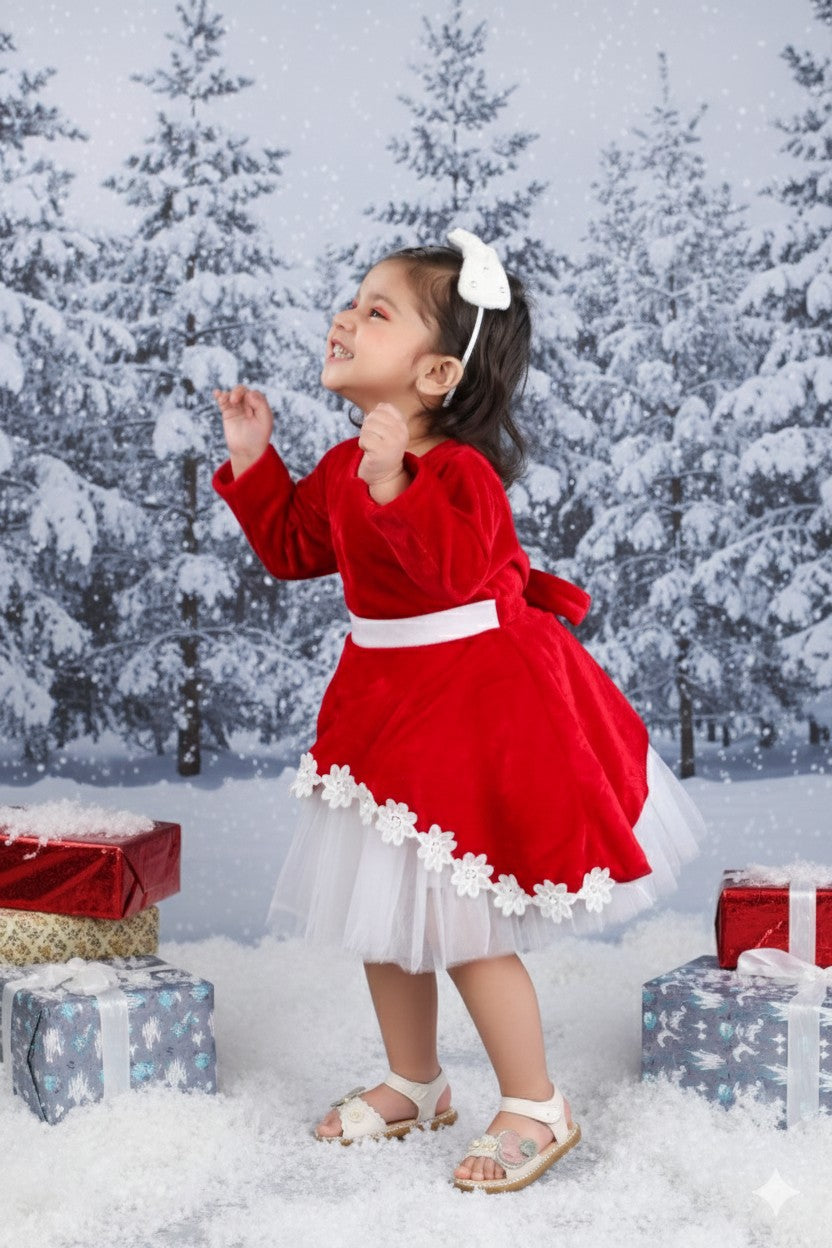 Flower embelished velvet christmas frock-Red