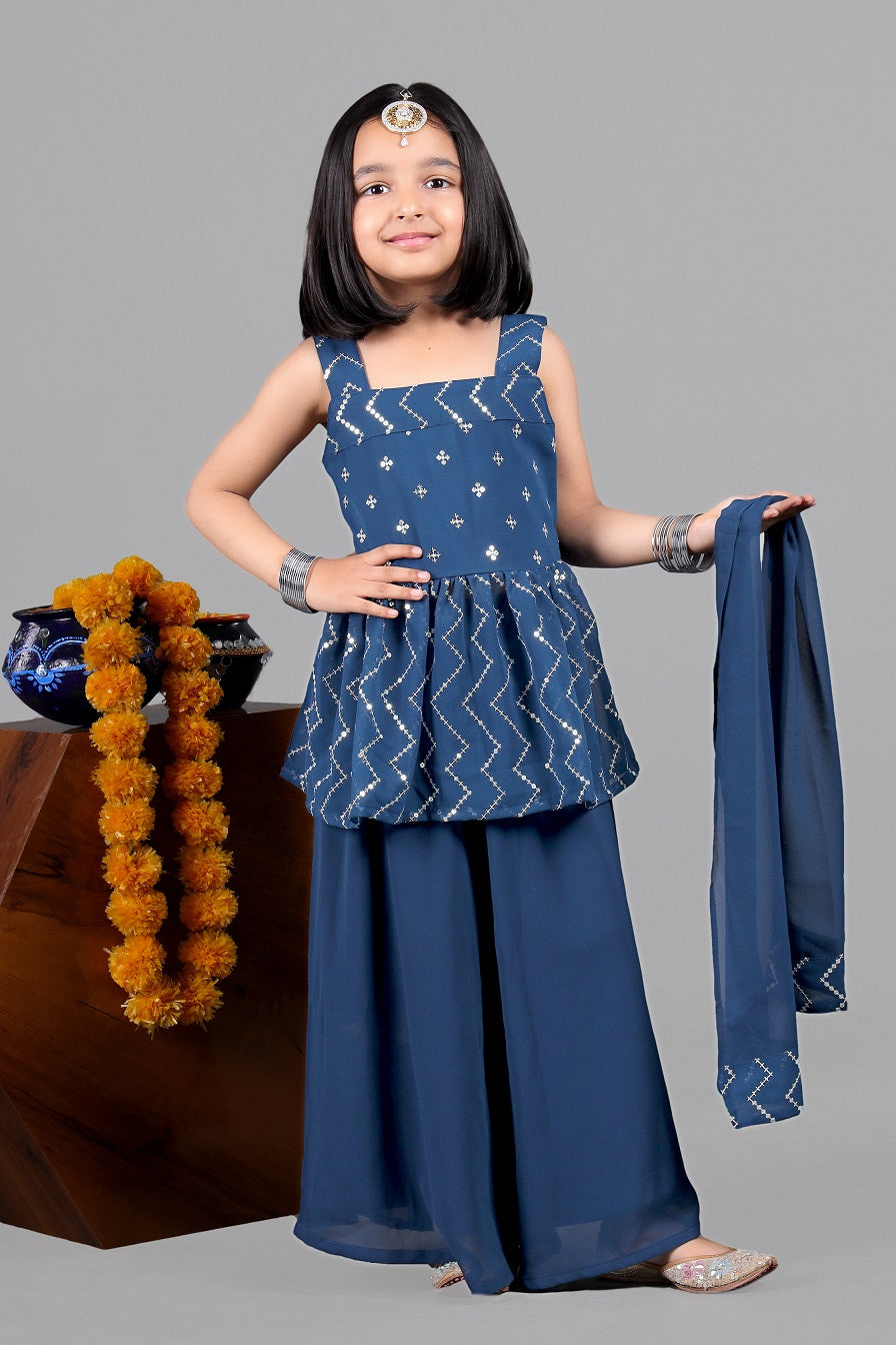 Solid palazzo with sequined peplum top and dupatta-light Blue