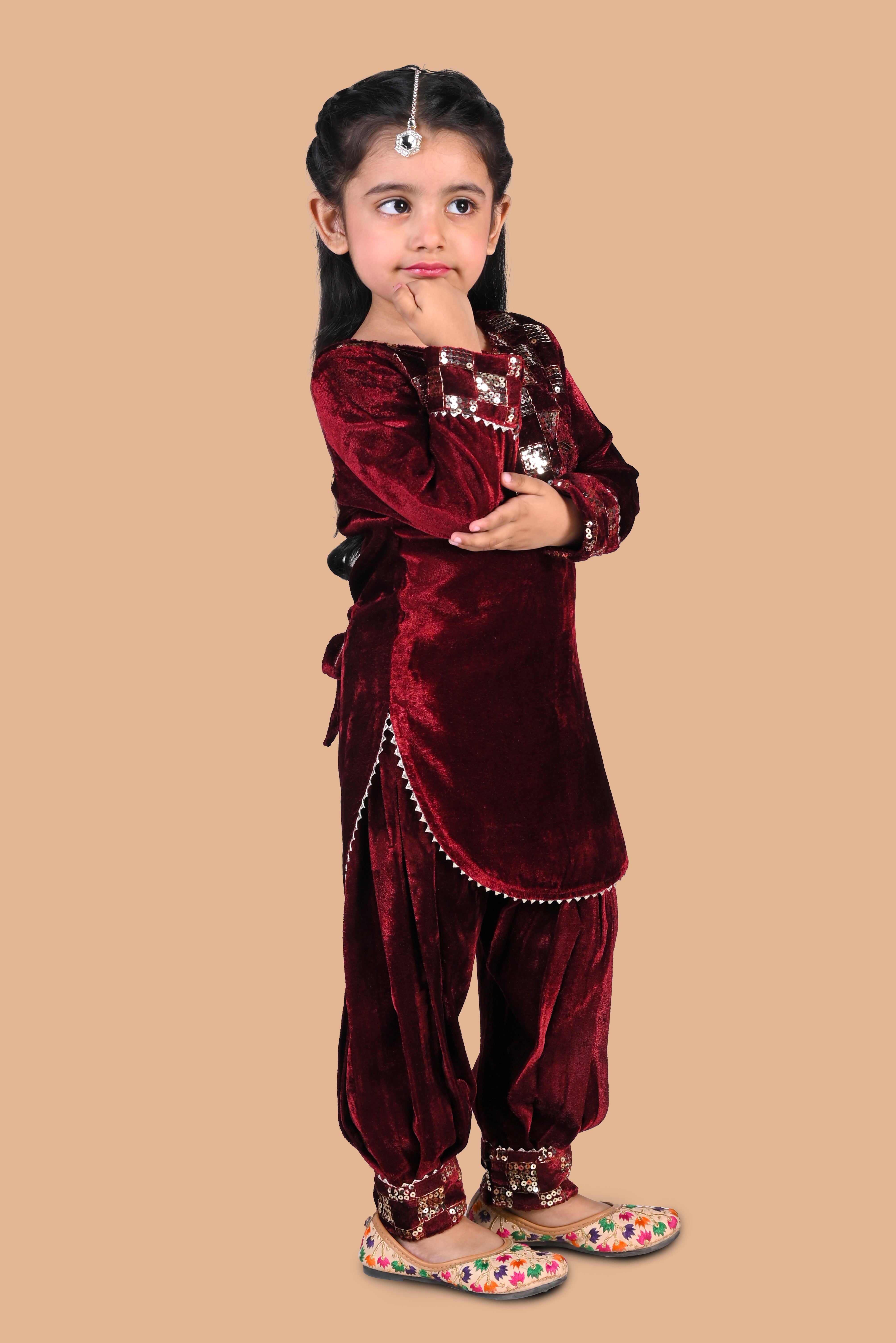 Full Sleeves velvet afghani salwar and kurti set -maroon