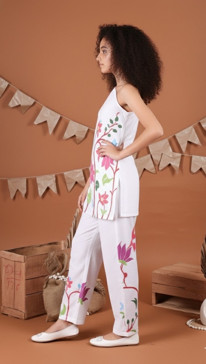 White cotton co-ordset with one side shoukder-T-CDW