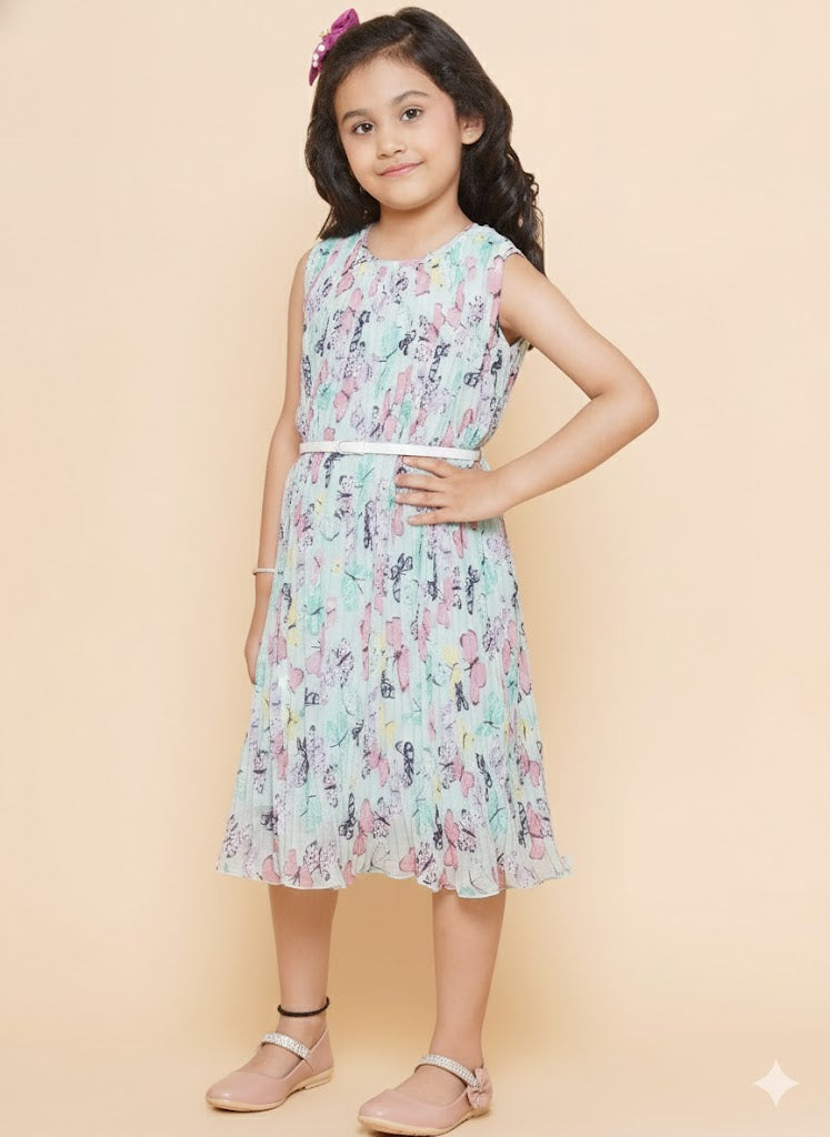 Printed Dress With Belt (Light Green)