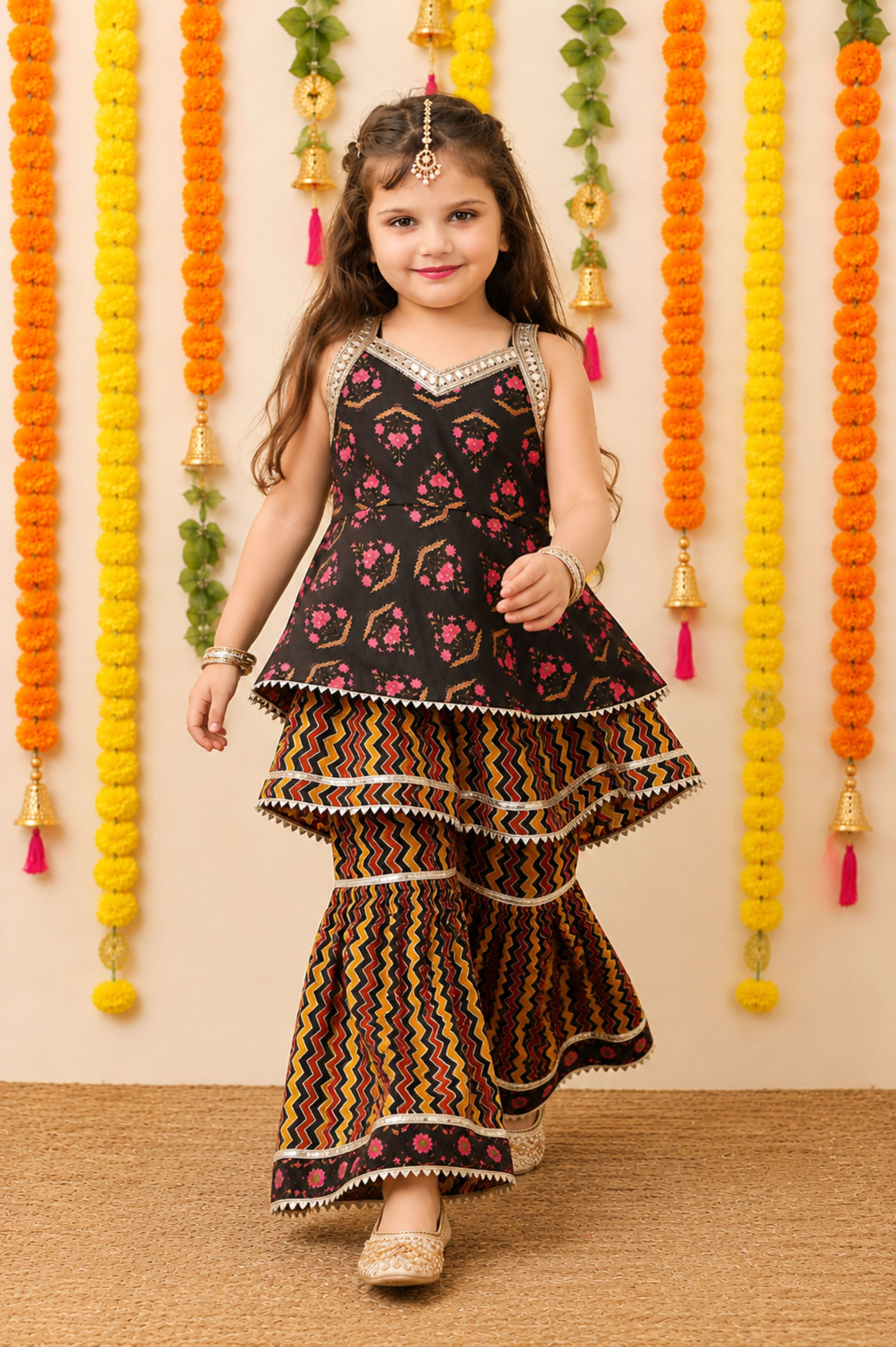 Cotton printed layered sharara suit-T-Doublezig