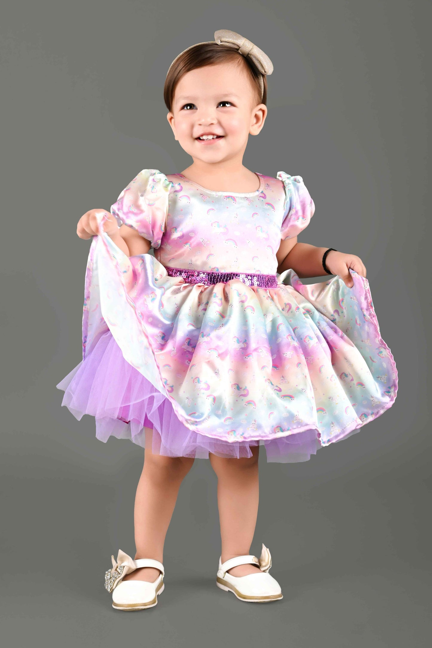 Unicorn Print Fit & Flare Satin Party Frock (Multi)