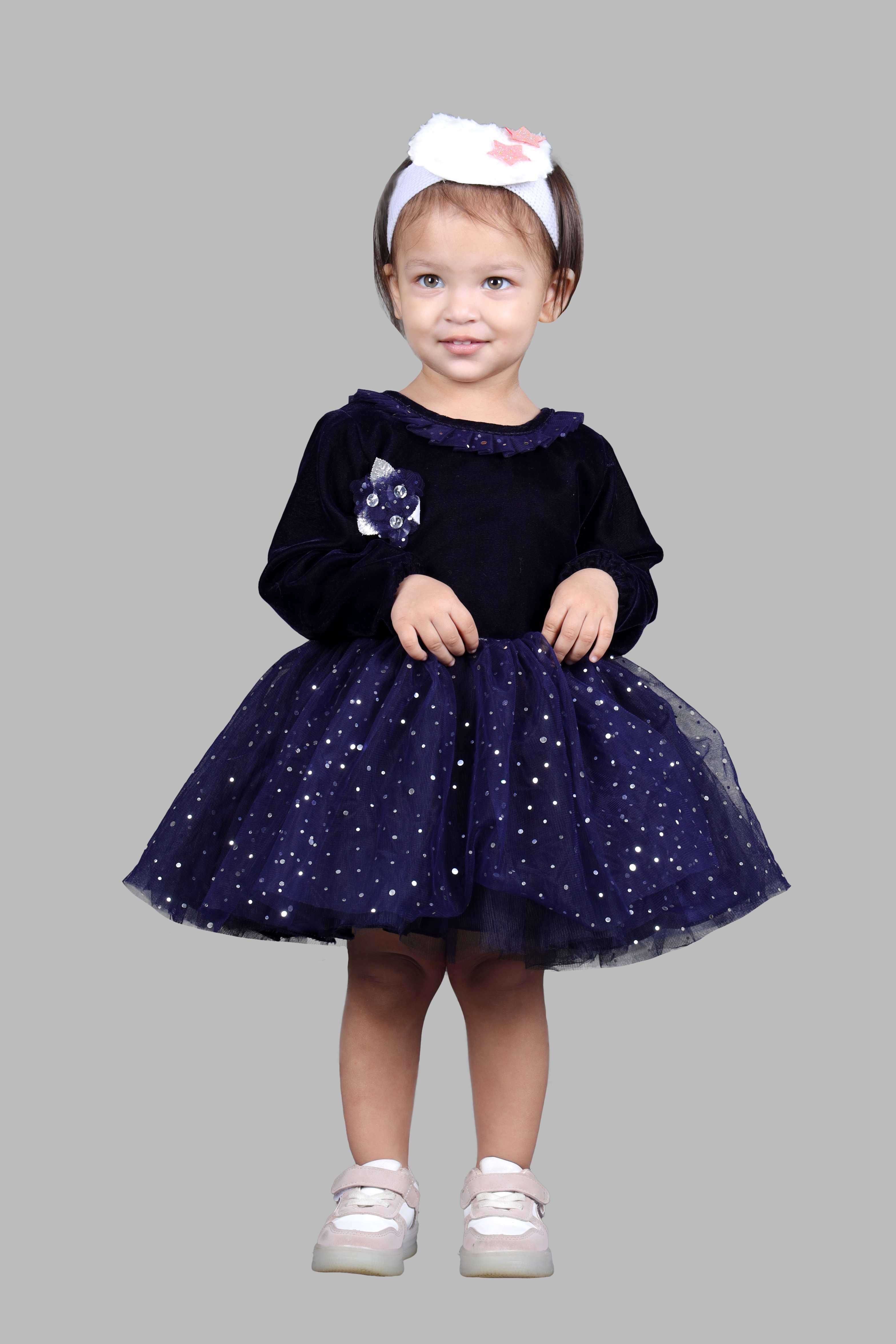Full Sleeves Velvet Fit and Flare Party Frock (Navy Blue)