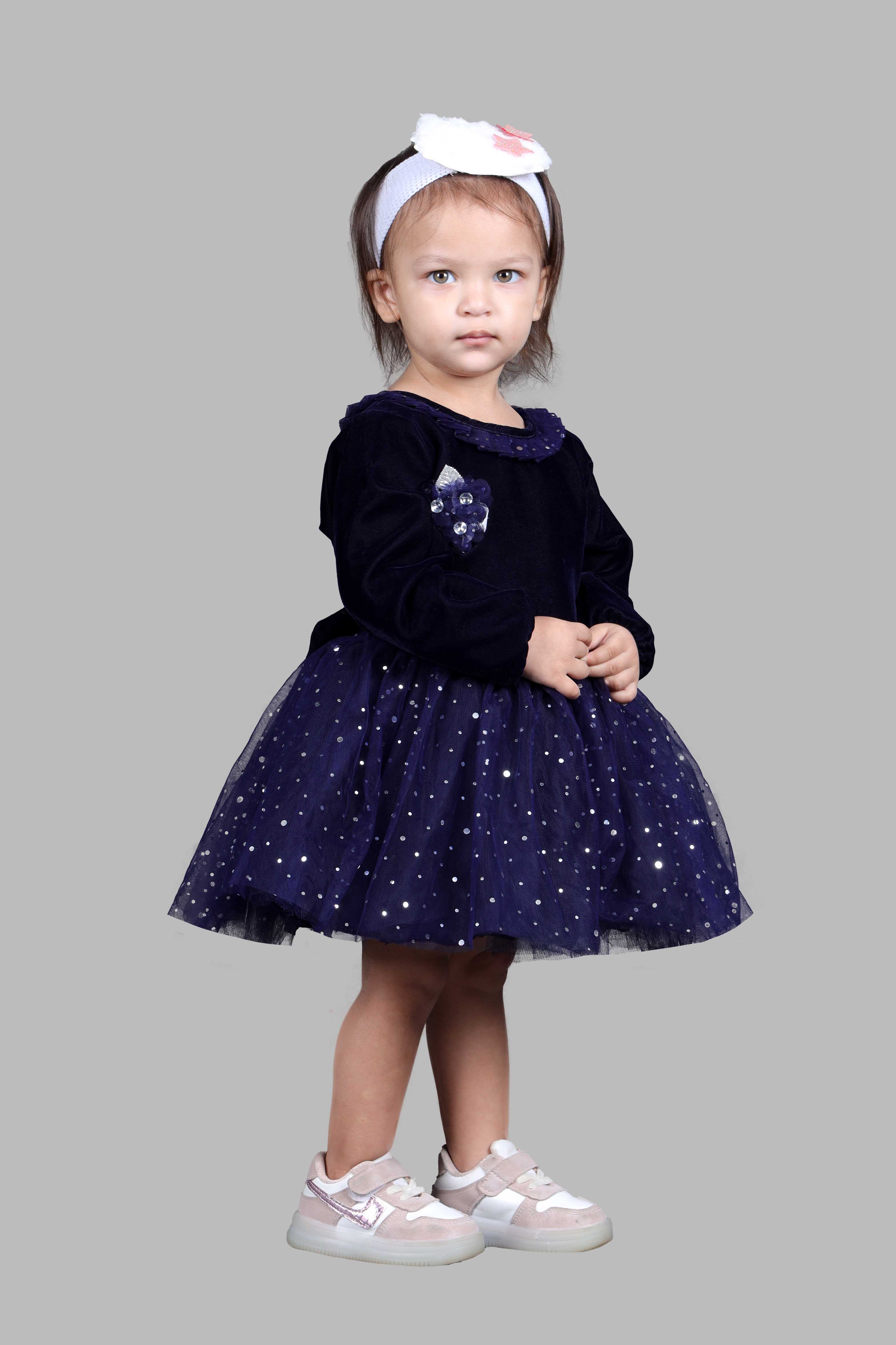 Full Sleeves Velvet Fit and Flare Party Frock (Navy Blue)