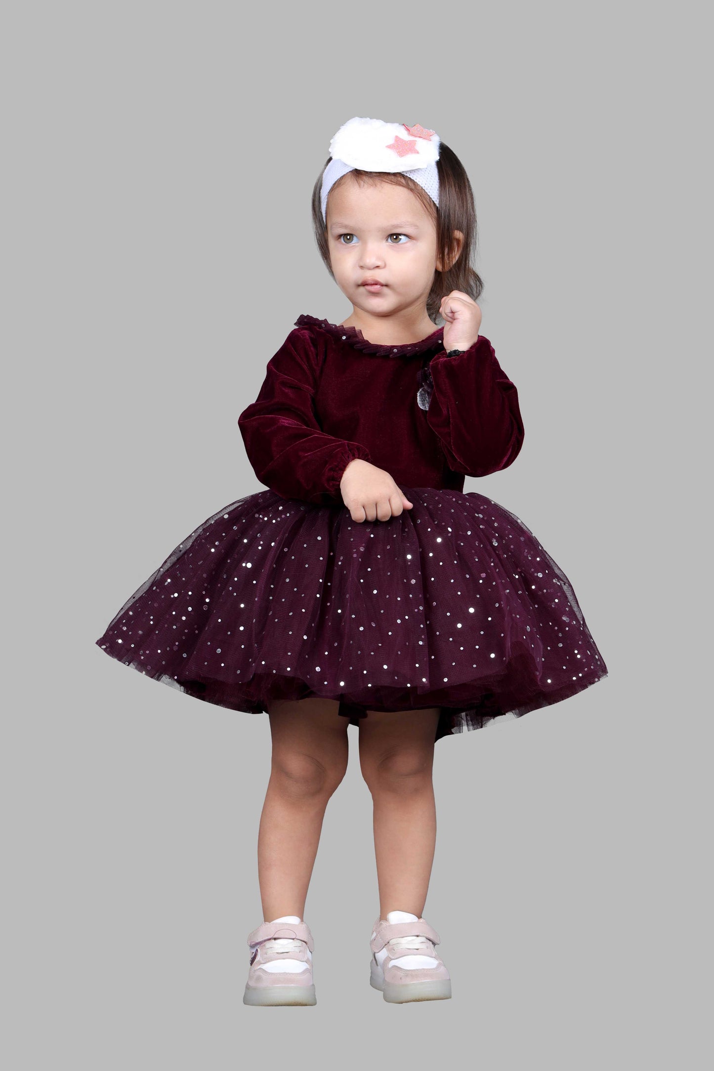 Full Sleeves Velvet Fit and Flare Party Frock (Wine)