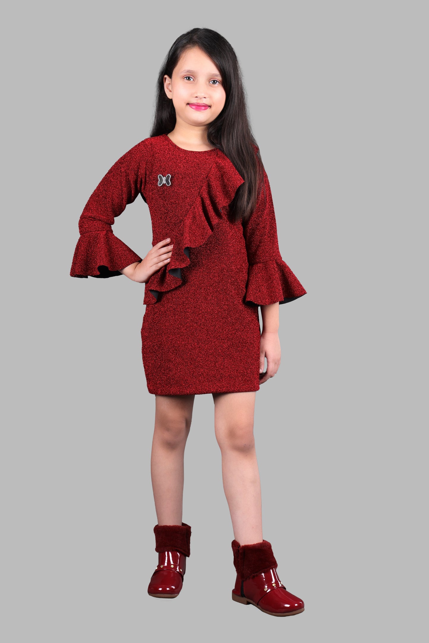 Full Sleeves Glittery Midi with Adjustable Belt (Red)