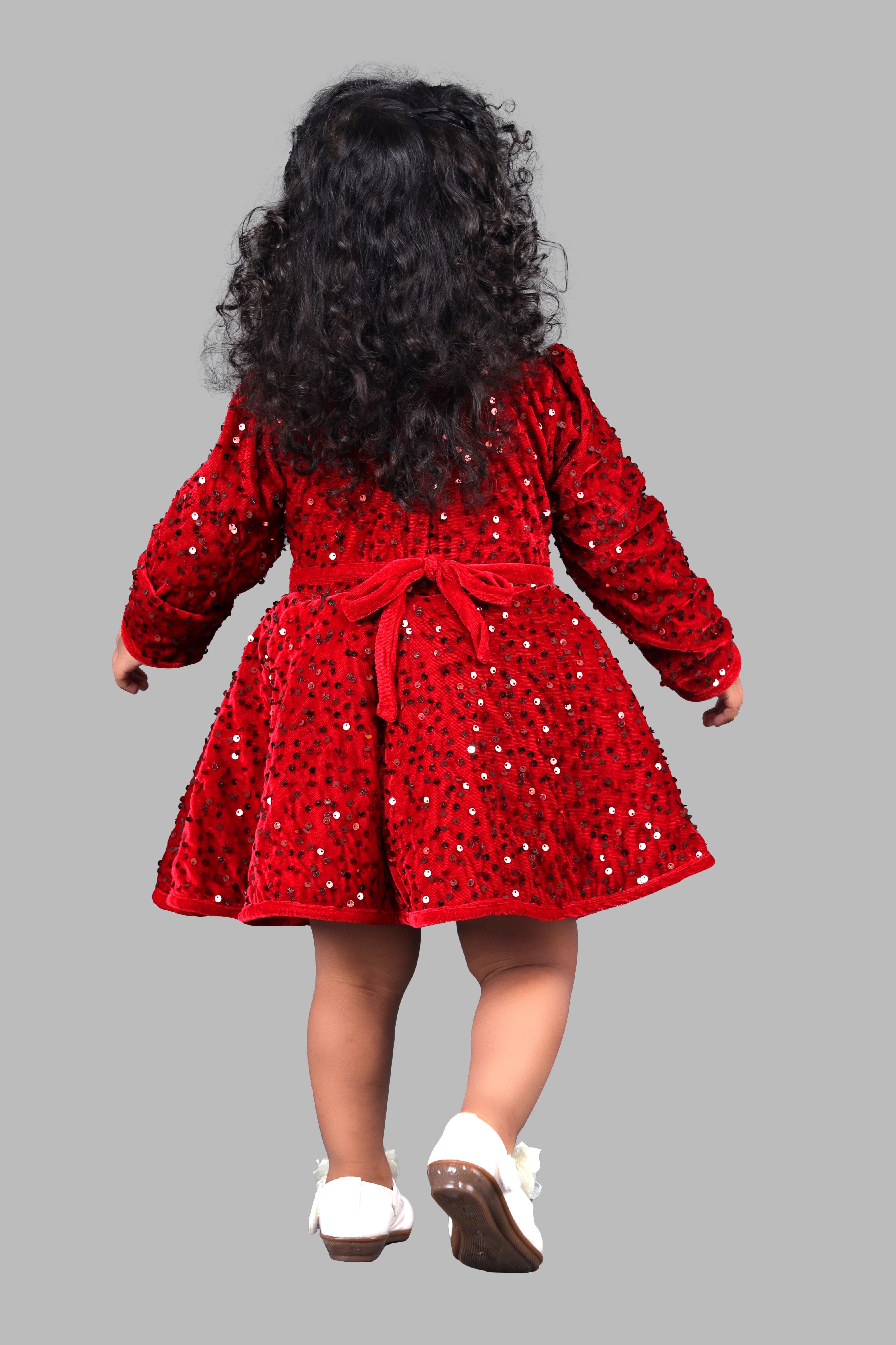Velvet Sequined  Fit & Flare Party Frock (Red)