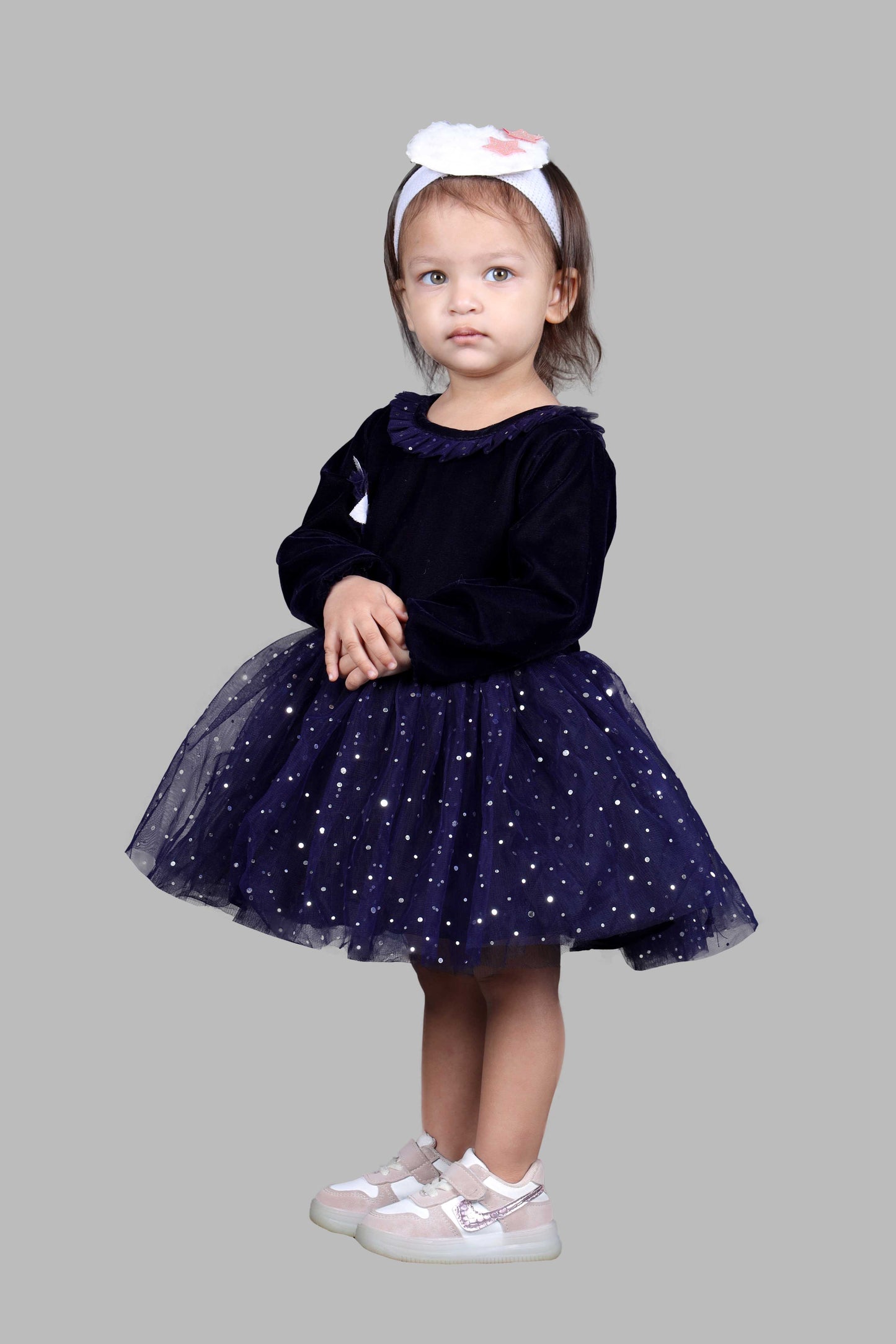 Full Sleeves Velvet Fit and Flare Party Frock (Navy Blue)