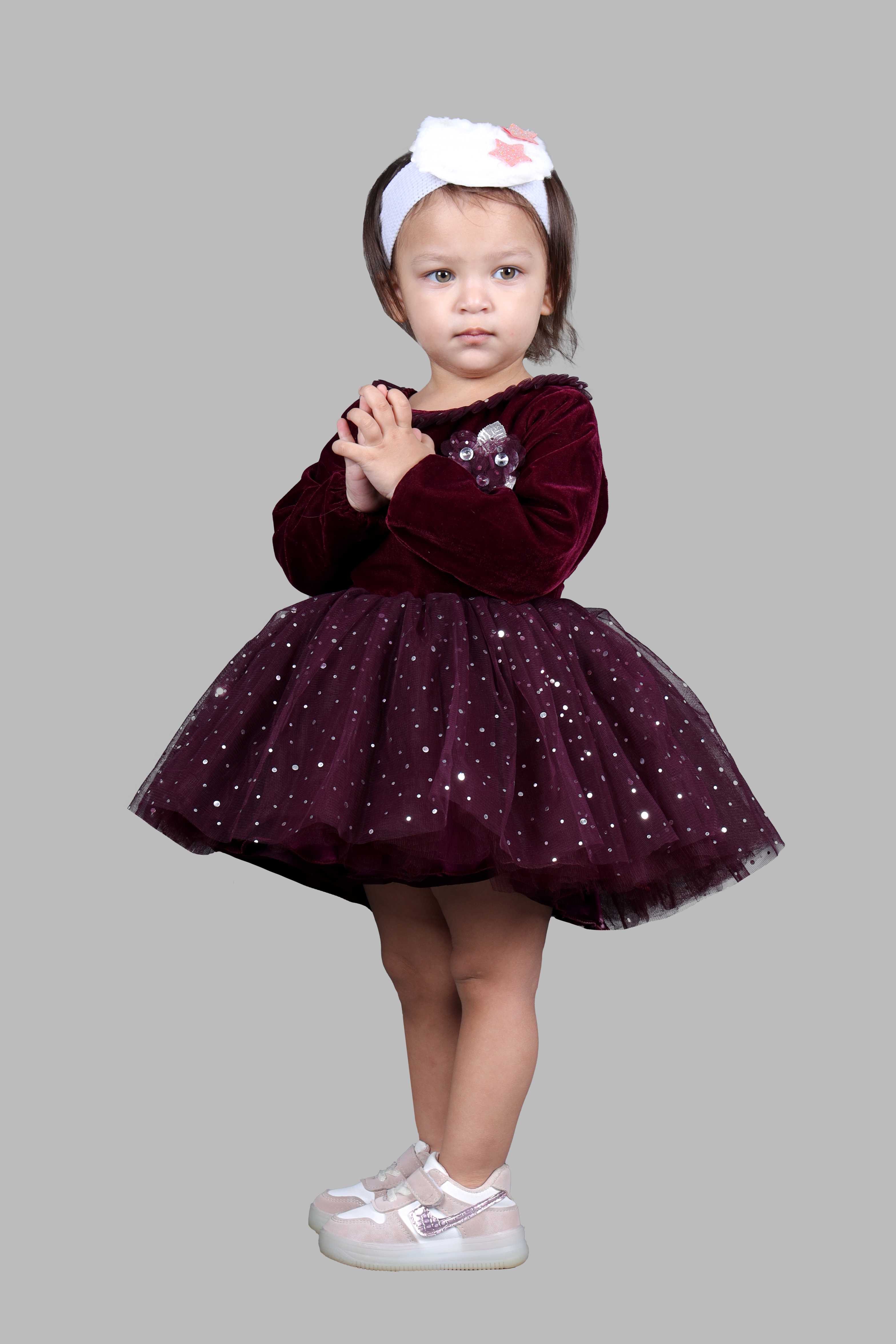 Full Sleeves Velvet Fit and Flare Party Frock (Wine)