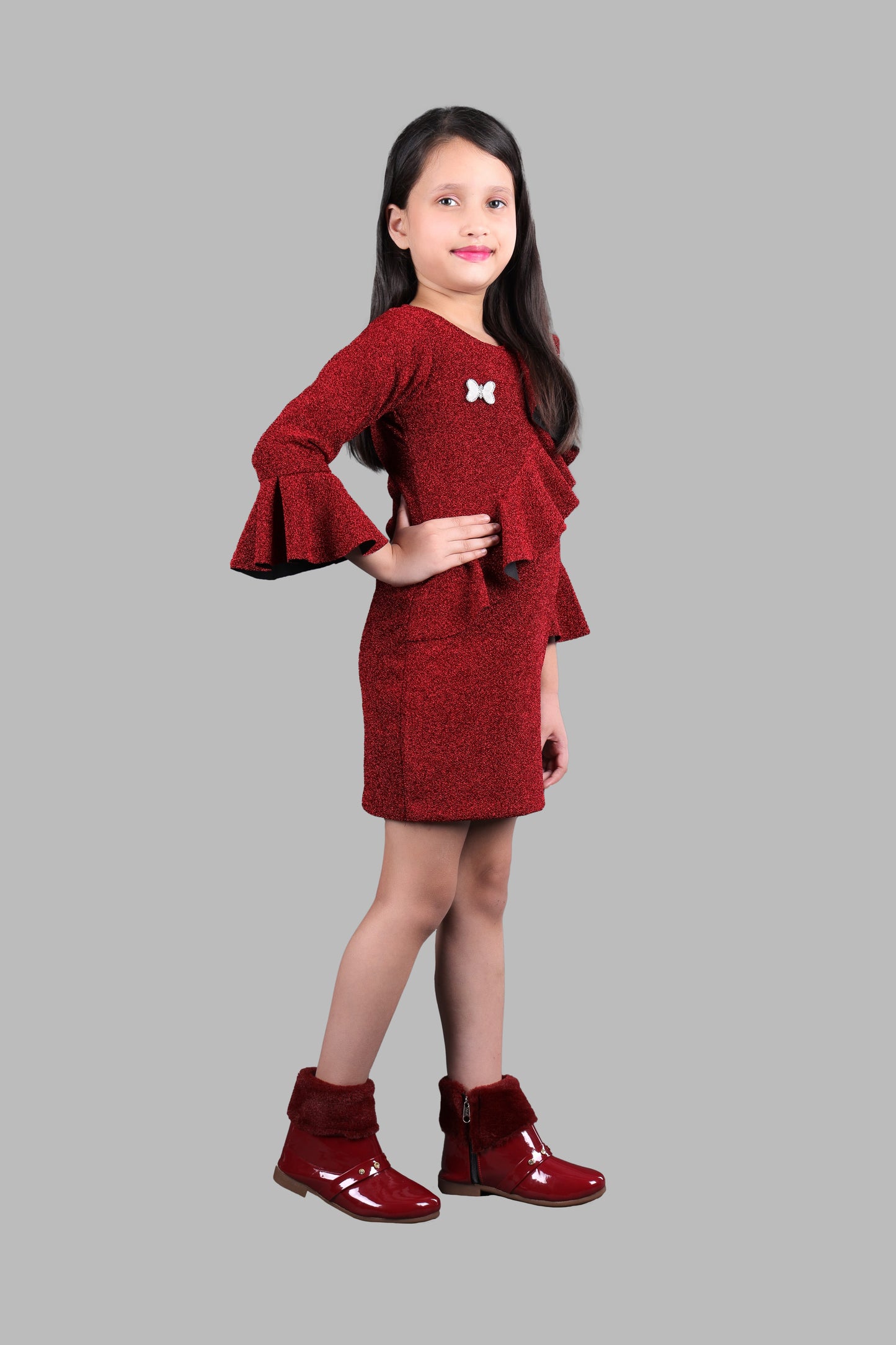 Full Sleeves Glittery Midi with Adjustable Belt (Red)