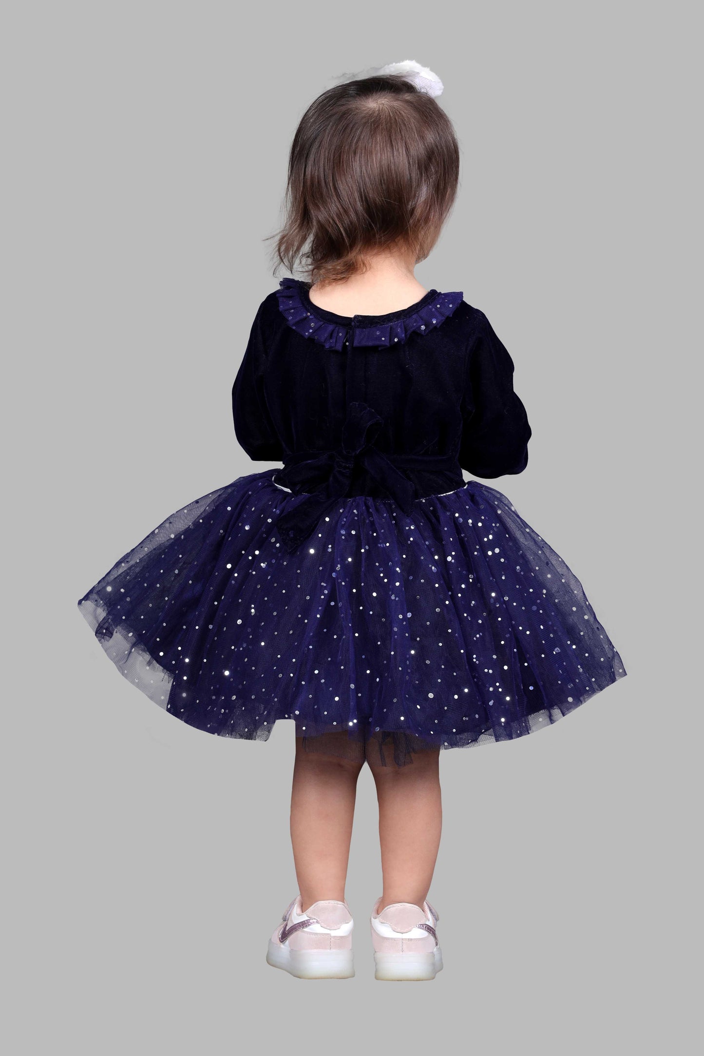 Full Sleeves Velvet Fit and Flare Party Frock (Navy Blue)