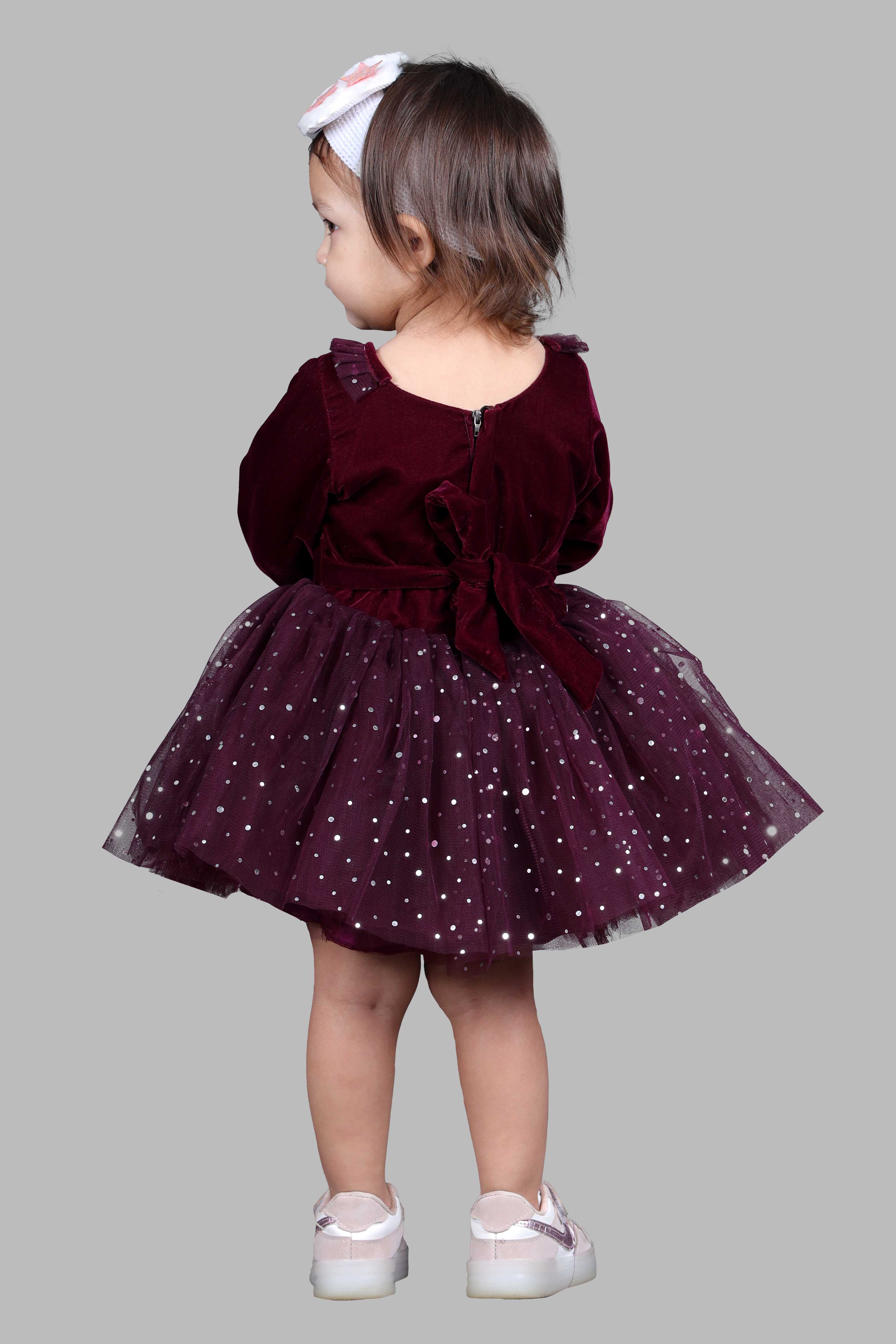 Full Sleeves Velvet Fit and Flare Party Frock (Wine)