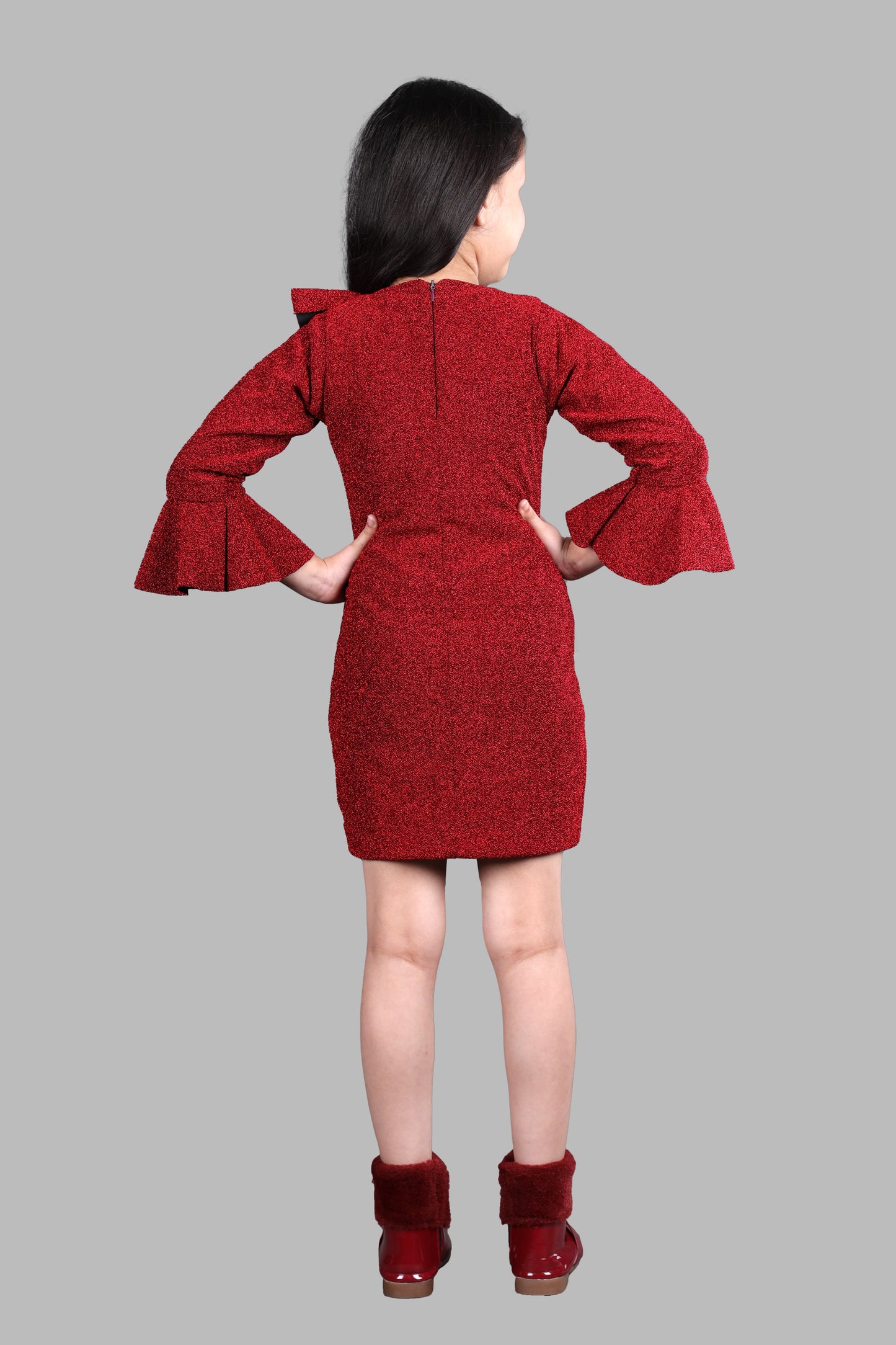 Full Sleeves Glittery Midi with Adjustable Belt (Red)