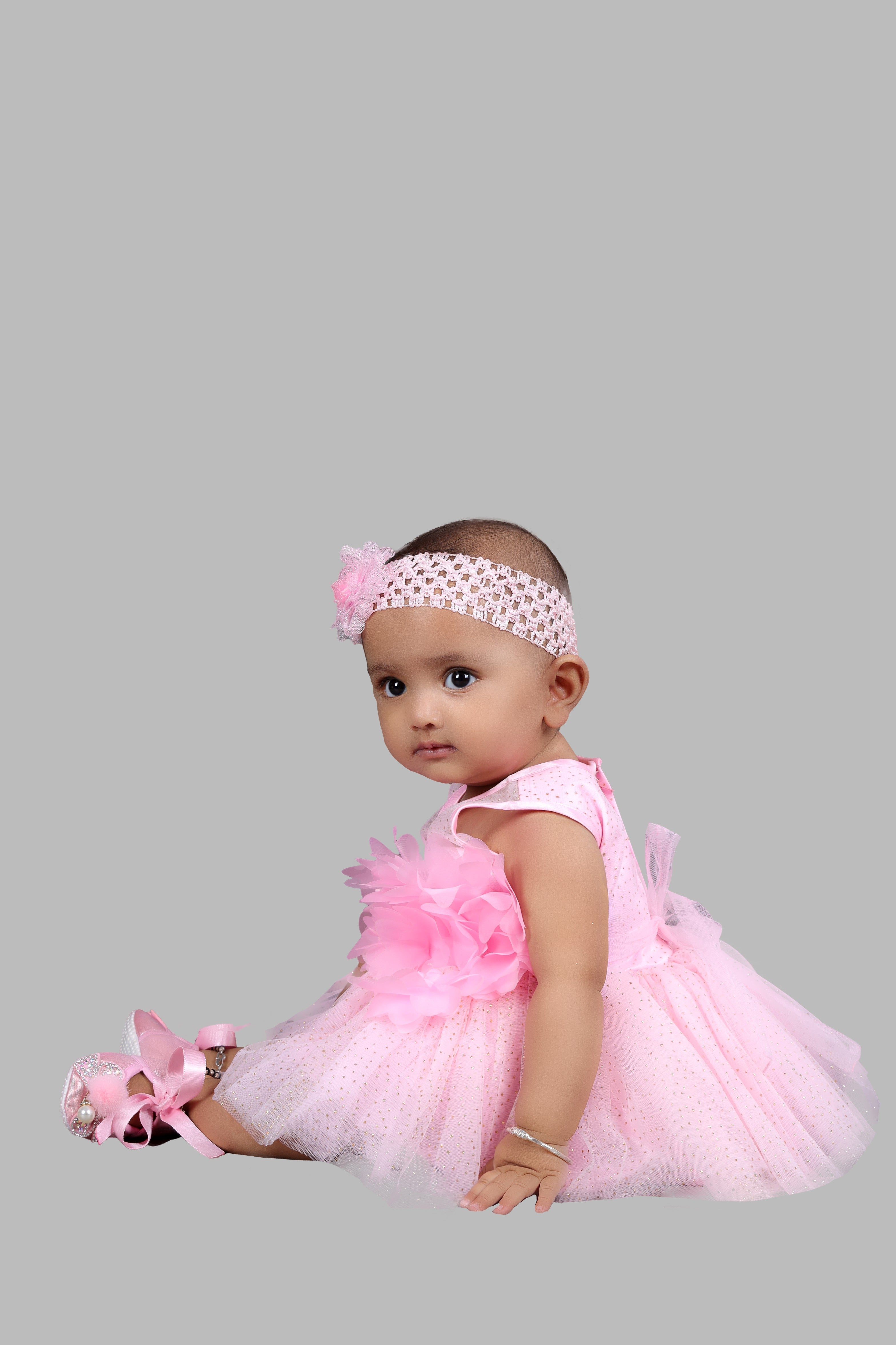 Sleeveless Fit and Flare Net Party Frock (Pink)